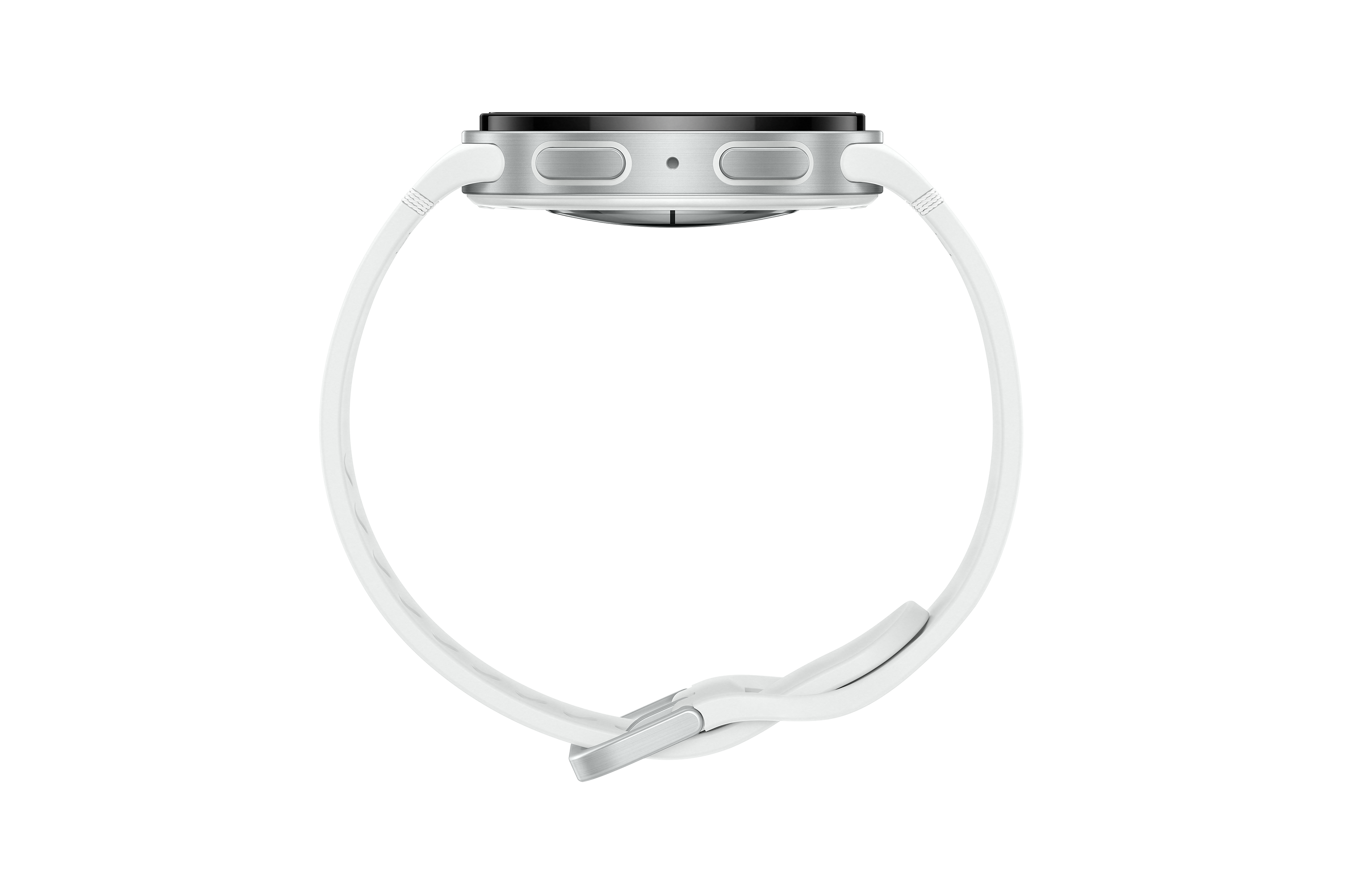 Eine silberne Smartwatch mit weißem Armband vor schwarzem Hintergrund. Das Armband ist befestigt. Die Uhr hat zwei Knöpfe.