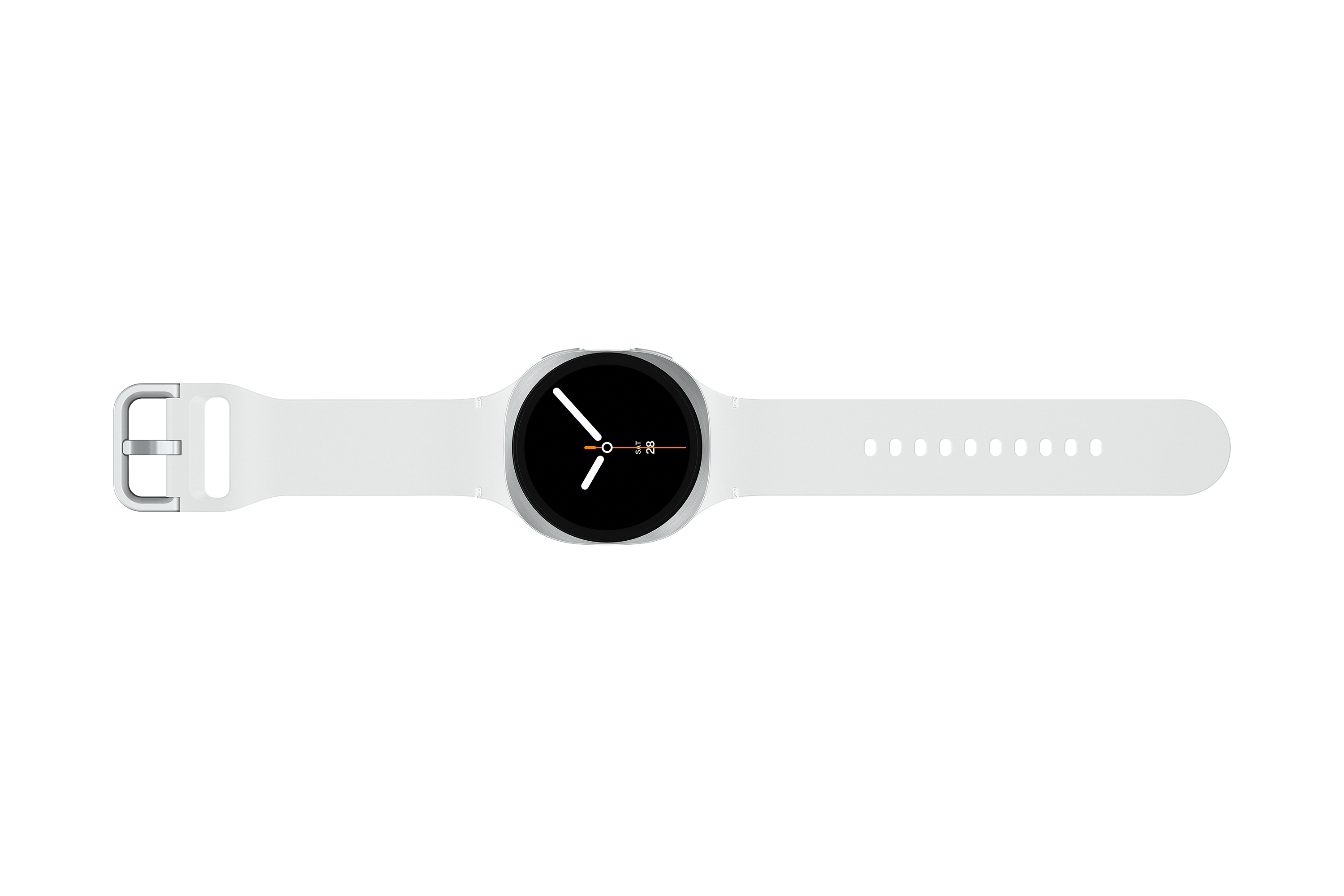 Weiße Smartwatch mit schwarzem Zifferblatt und weißem Armband. Die Zeit ist 2:58. Der Hintergrund ist schwarz.