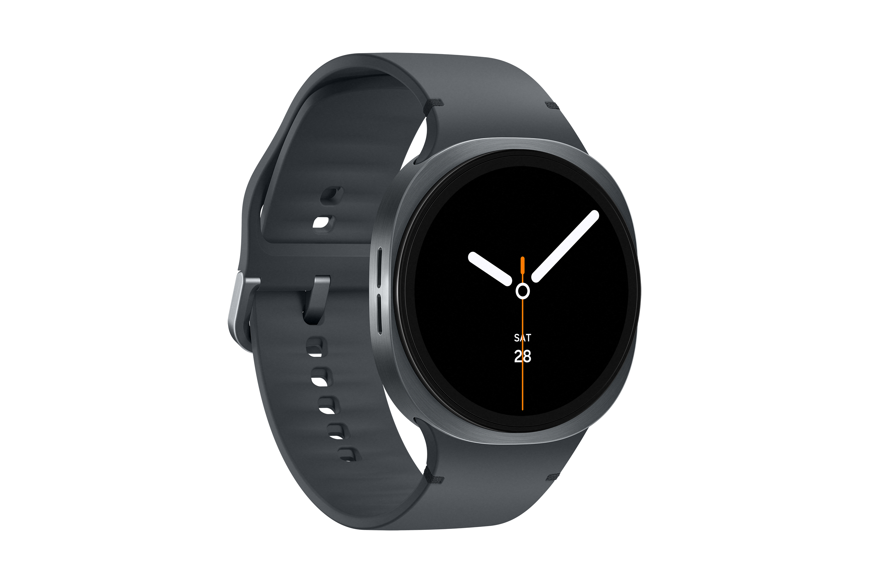 Dunkelgraue Smartwatch mit schwarzem Zifferblatt. Zeigt Datum und Uhrzeit. Das Armband ist ebenfalls dunkelgrau.