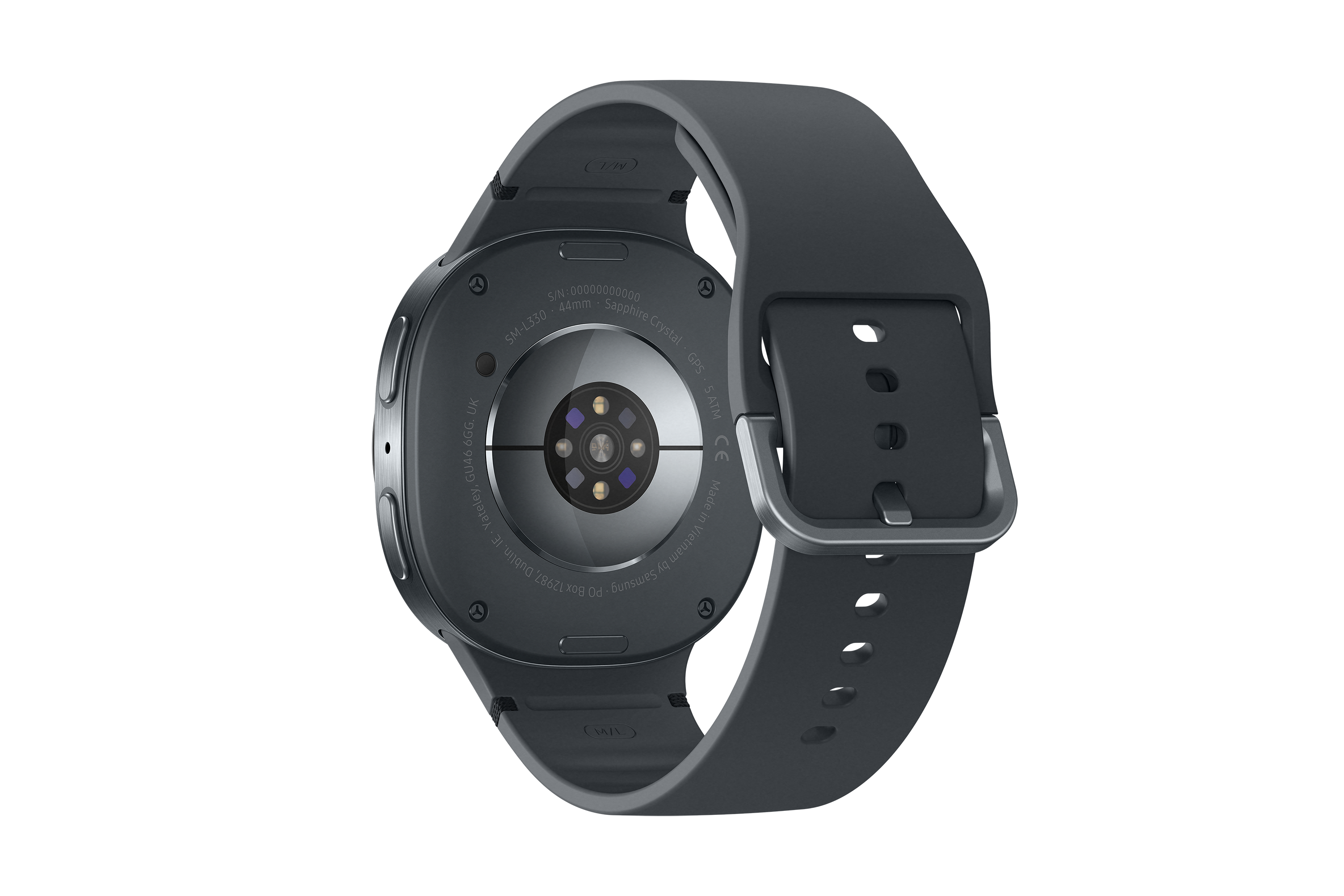 Dunkelgraue Smartwatch mit passendem Armband, Verschluss und Sensordetails, vor schwarzem Hintergrund.