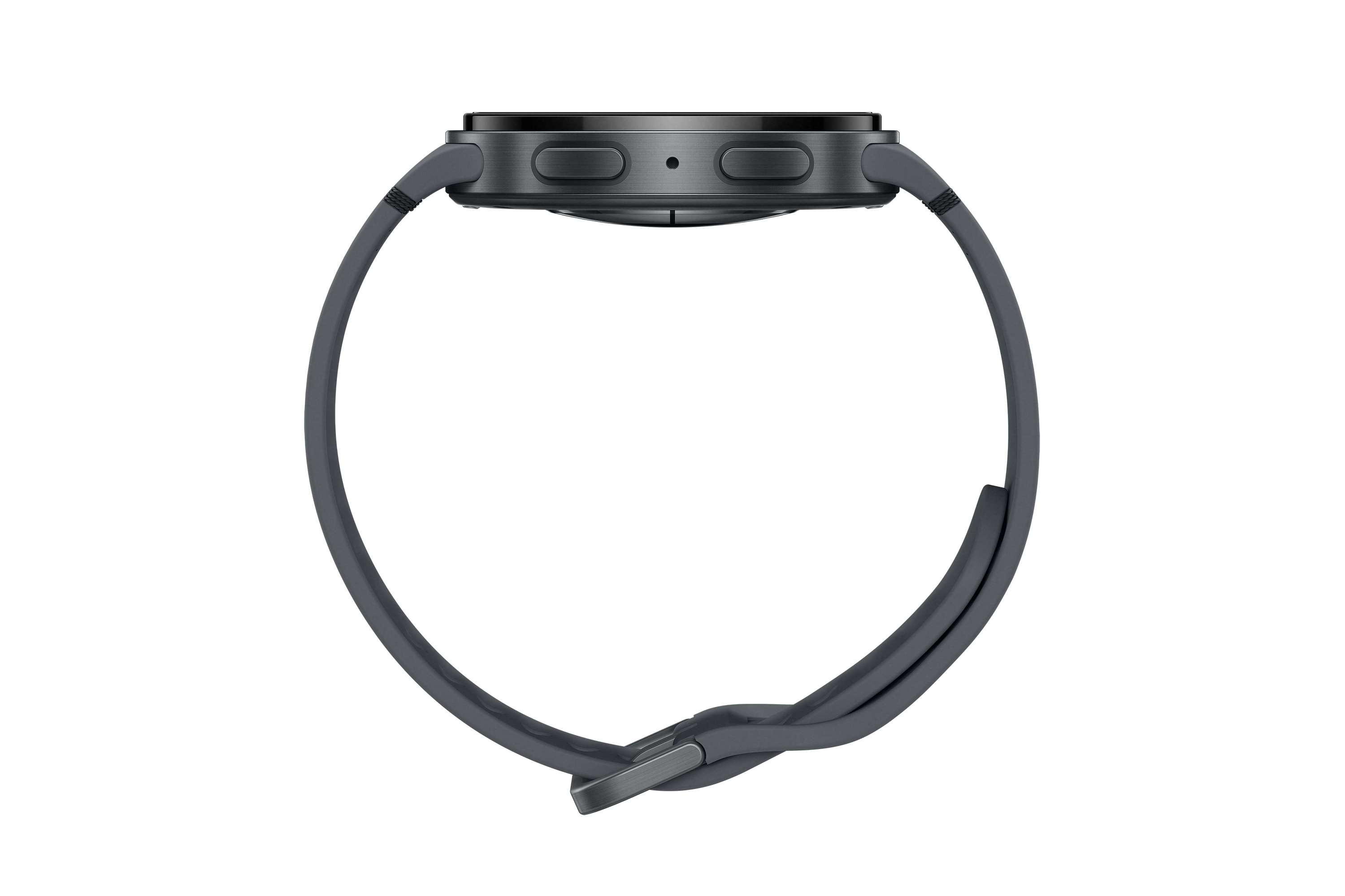 Dunkelgraue Smartwatch auf schwarzem Hintergrund. Die Uhr hat ein gebogenes Armband und zwei Knöpfe.