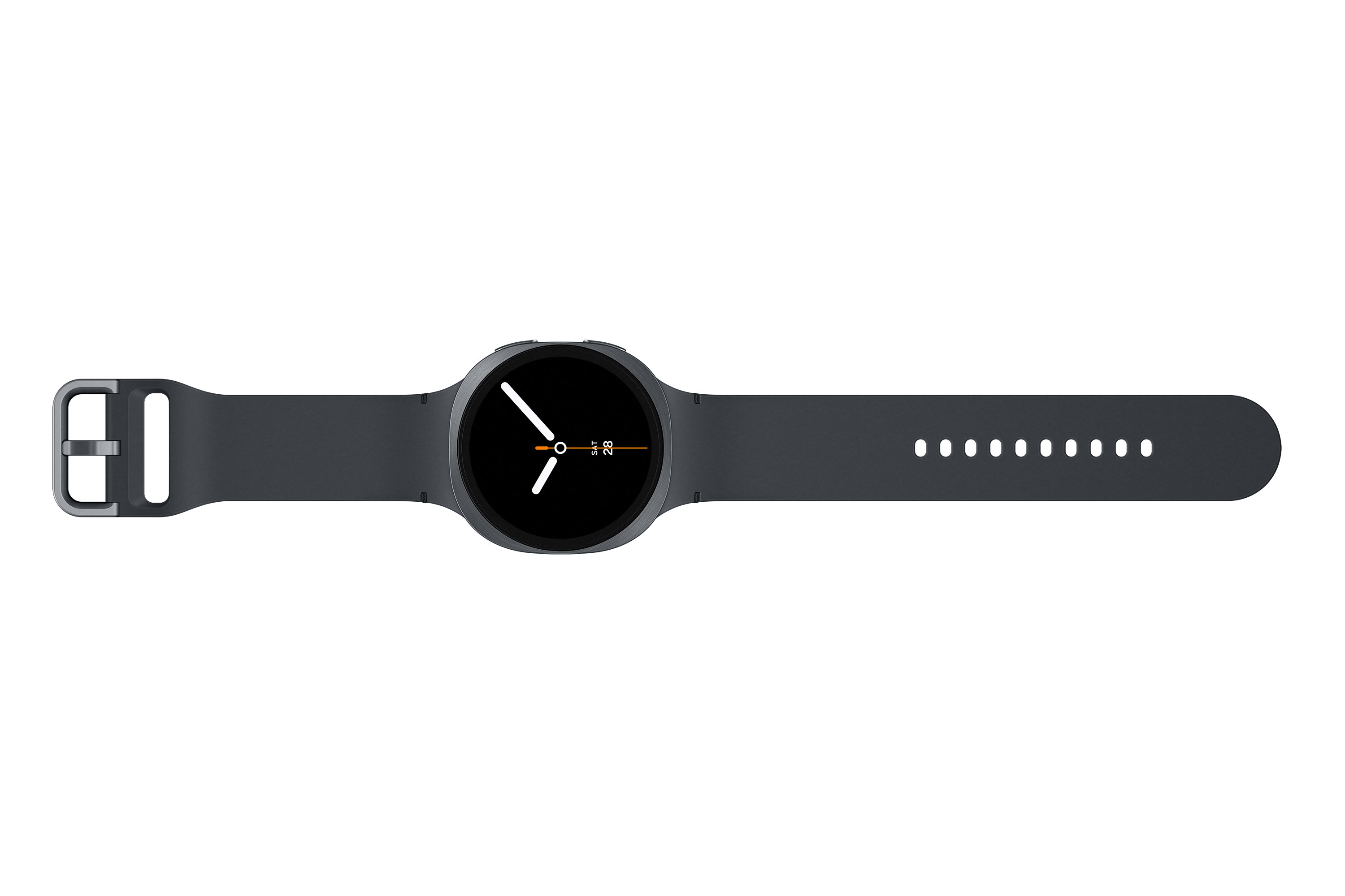 Dunkelgraue Smartwatch auf schwarzem Hintergrund. Die Uhr zeigt die Uhrzeit an. Das Armband ist dunkelgrau mit Schnalle.
