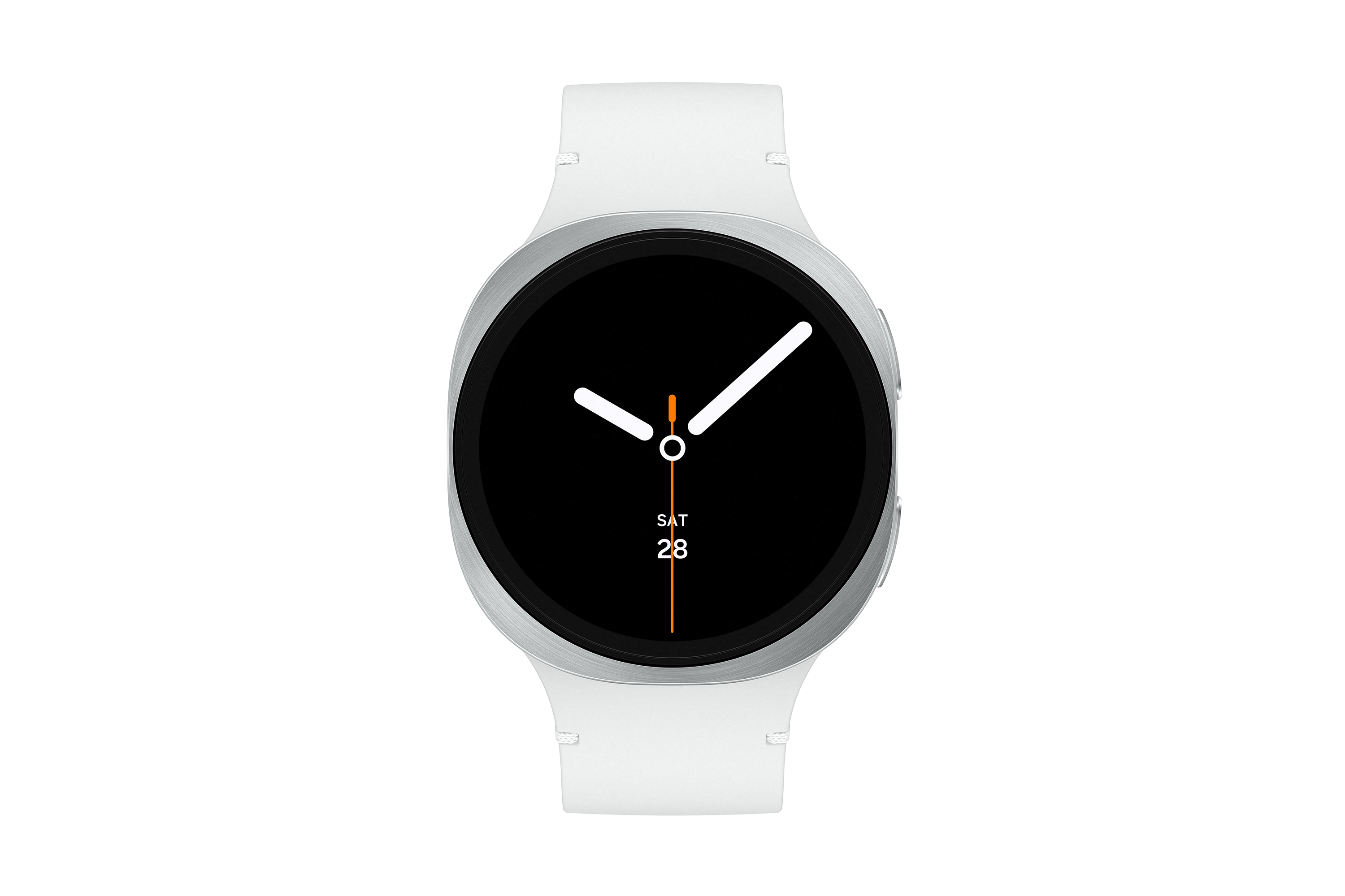 Eine weiße Smartwatch auf schwarzem Hintergrund. Das Zifferblatt ist schwarz mit weißen Zeigern und einer orangefarbenen Linie.