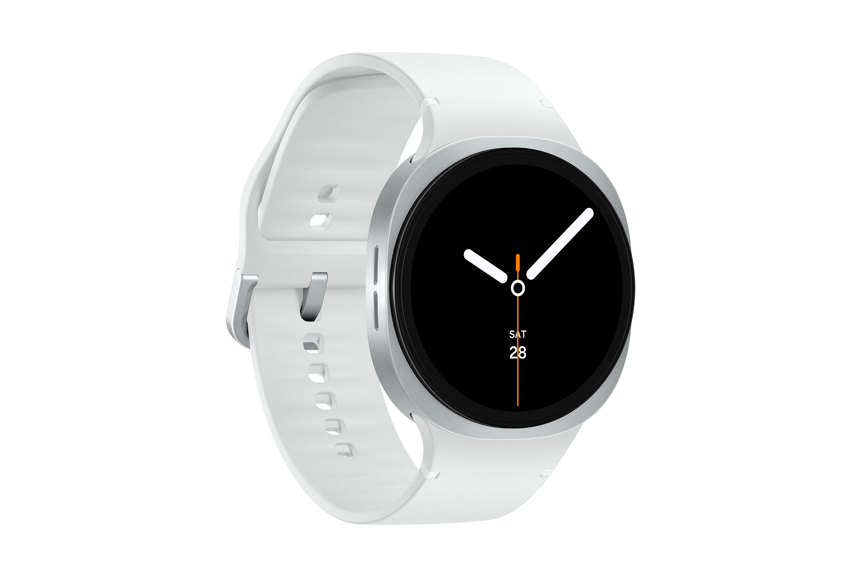 Eine weiße Smartwatch mit schwarzem Bildschirm, der das Datum anzeigt. Sie hat eine silberne Lünette und ein weißes Armband.