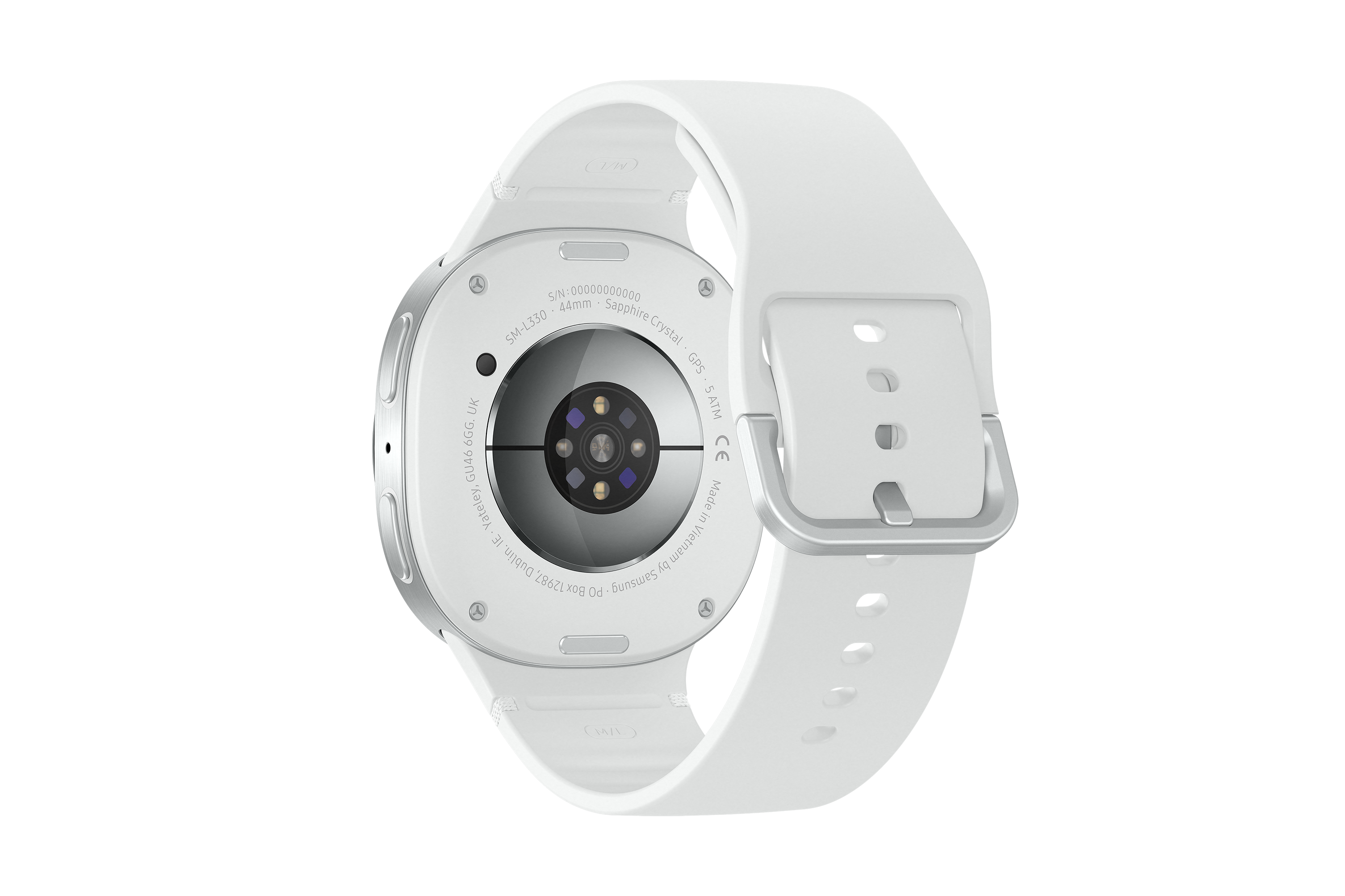 Weiße Smartwatch auf schwarzem Grund. Rückseite mit Sensoren und Infos. Weißes Armband mit silberner Schnalle.