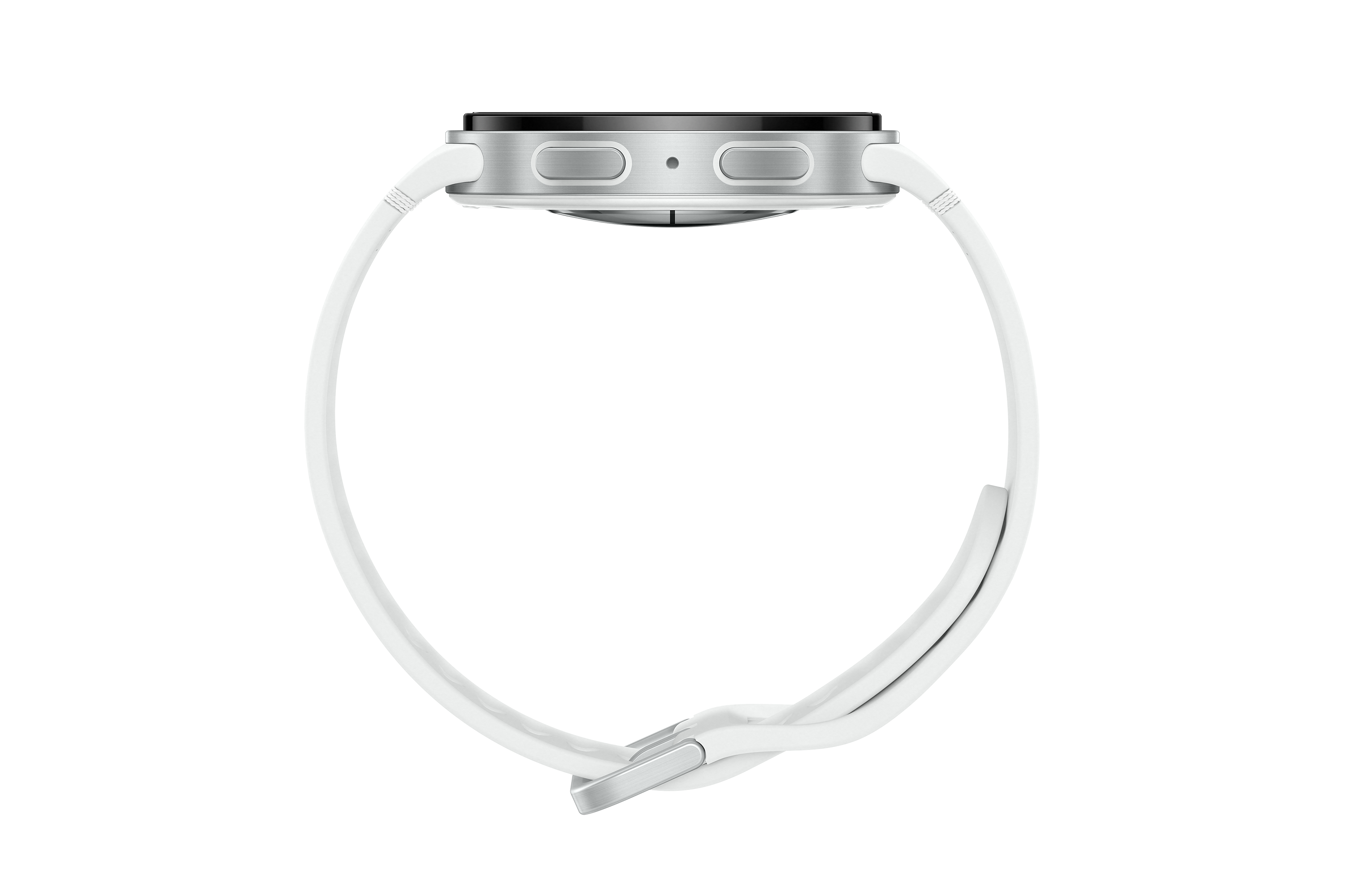Seitenansicht einer weißen Smartwatch mit silberner Lünette und weißem Armband, vor schwarzem Hintergrund.