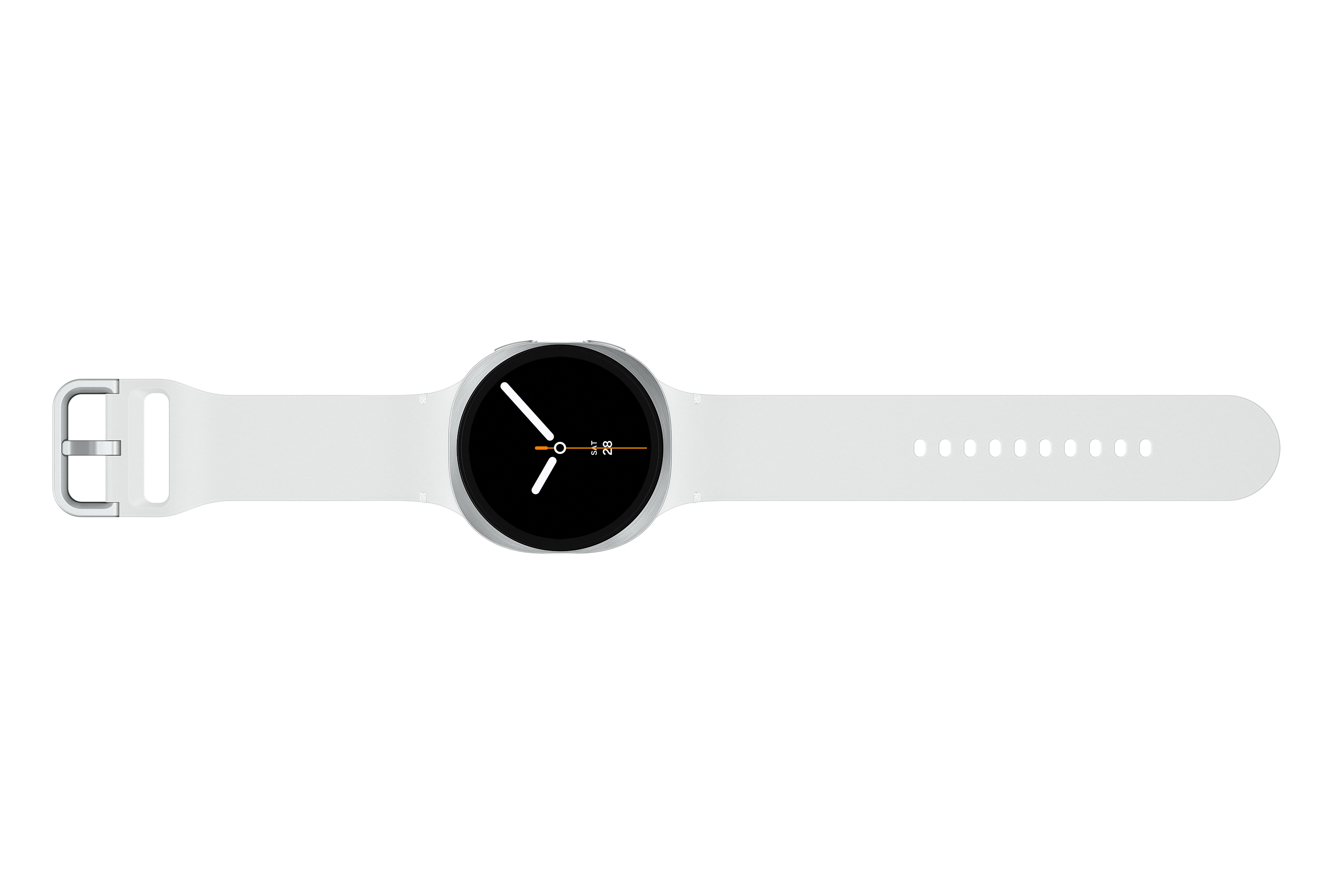 Eine weiße Smartwatch mit schwarzem Zifferblatt, weißen Armbändern und einer silbernen Schnalle. Die Uhrzeit wird angezeigt.
