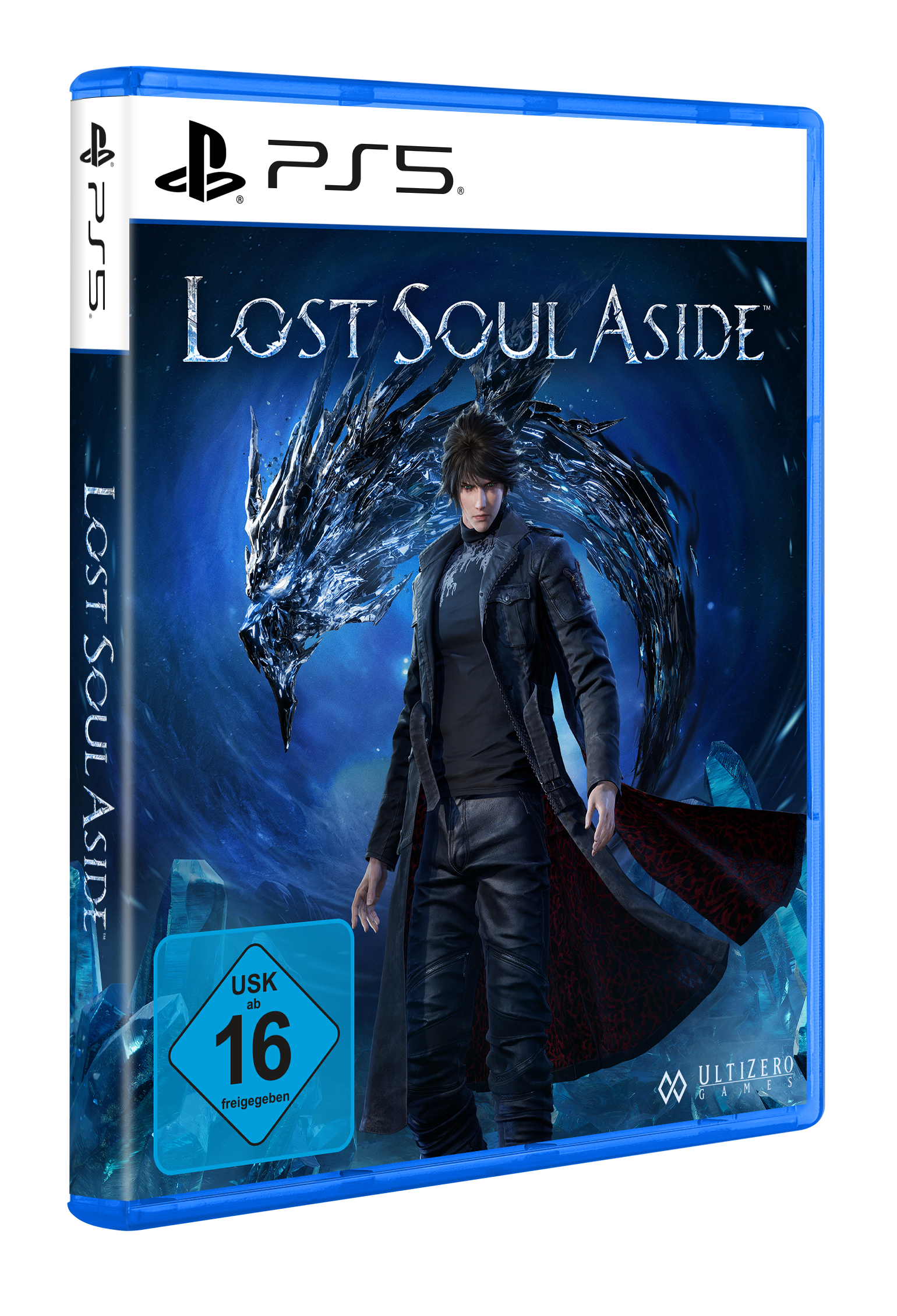 PS5-Spielcover: Mann in schwarzem Mantel mit einem drachenartigen Wesen. Titel: Lost Soul Aside. Blauer und schwarzer Hintergrund.