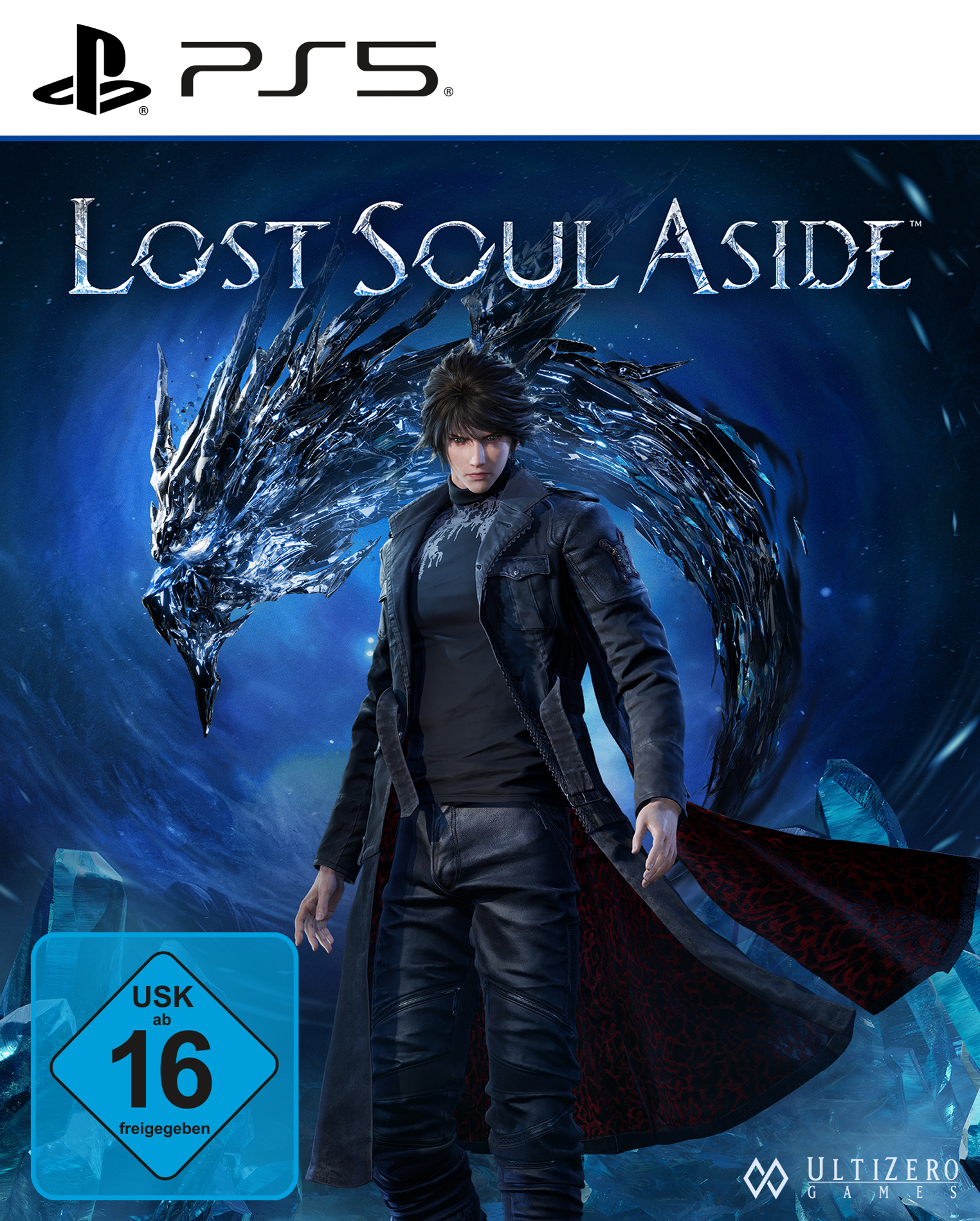 Spielcover für Lost Soul Aside. Ein Mann in einem schwarzen Mantel steht vor einer drachenartigen Kreatur. Das PS5-Logo ist oben.