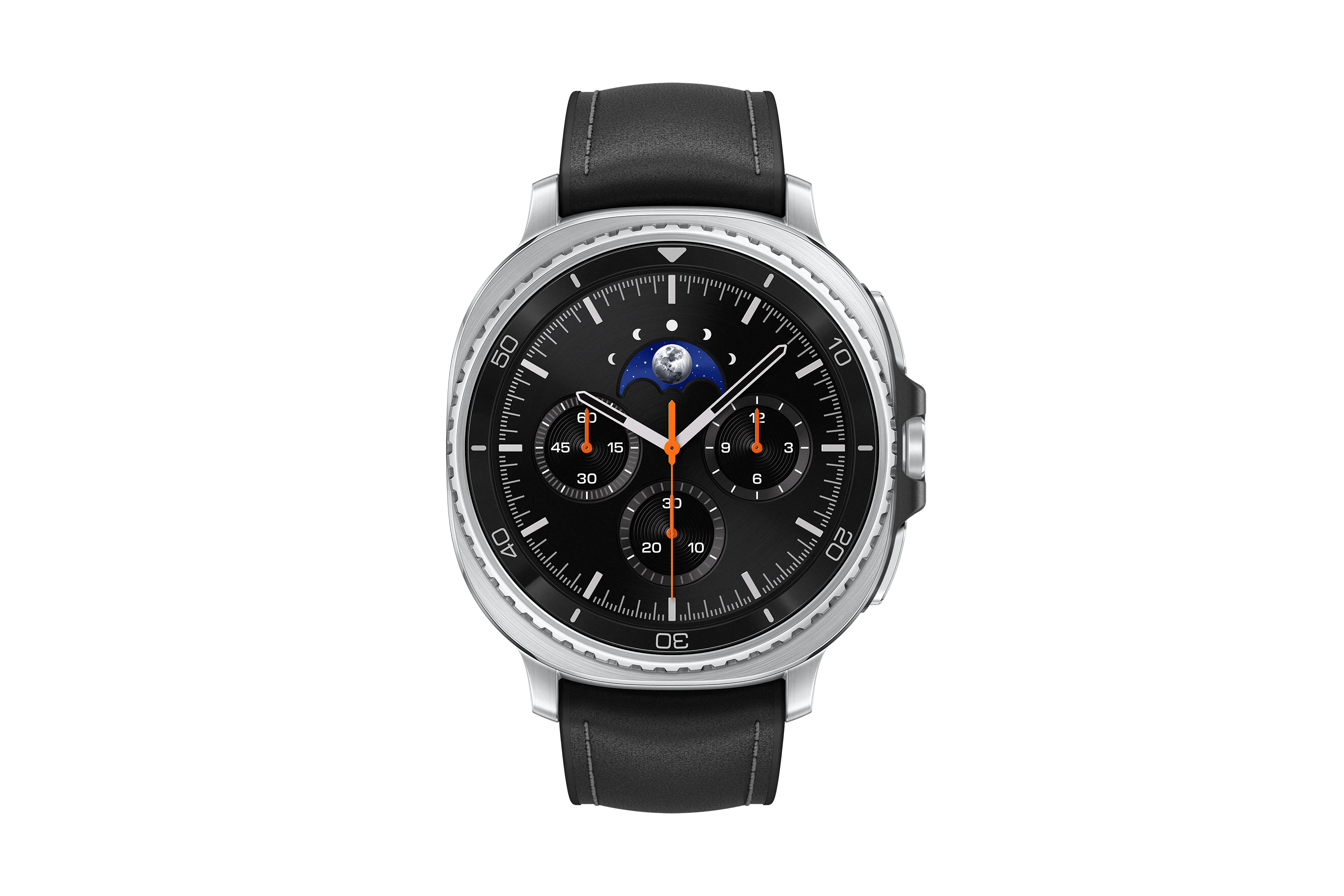 Eine schwarze Uhr mit silberner Lünette und schwarzem Lederarmband. Das Zifferblatt zeigt eine Mondphase und verschiedene Zifferblätter.