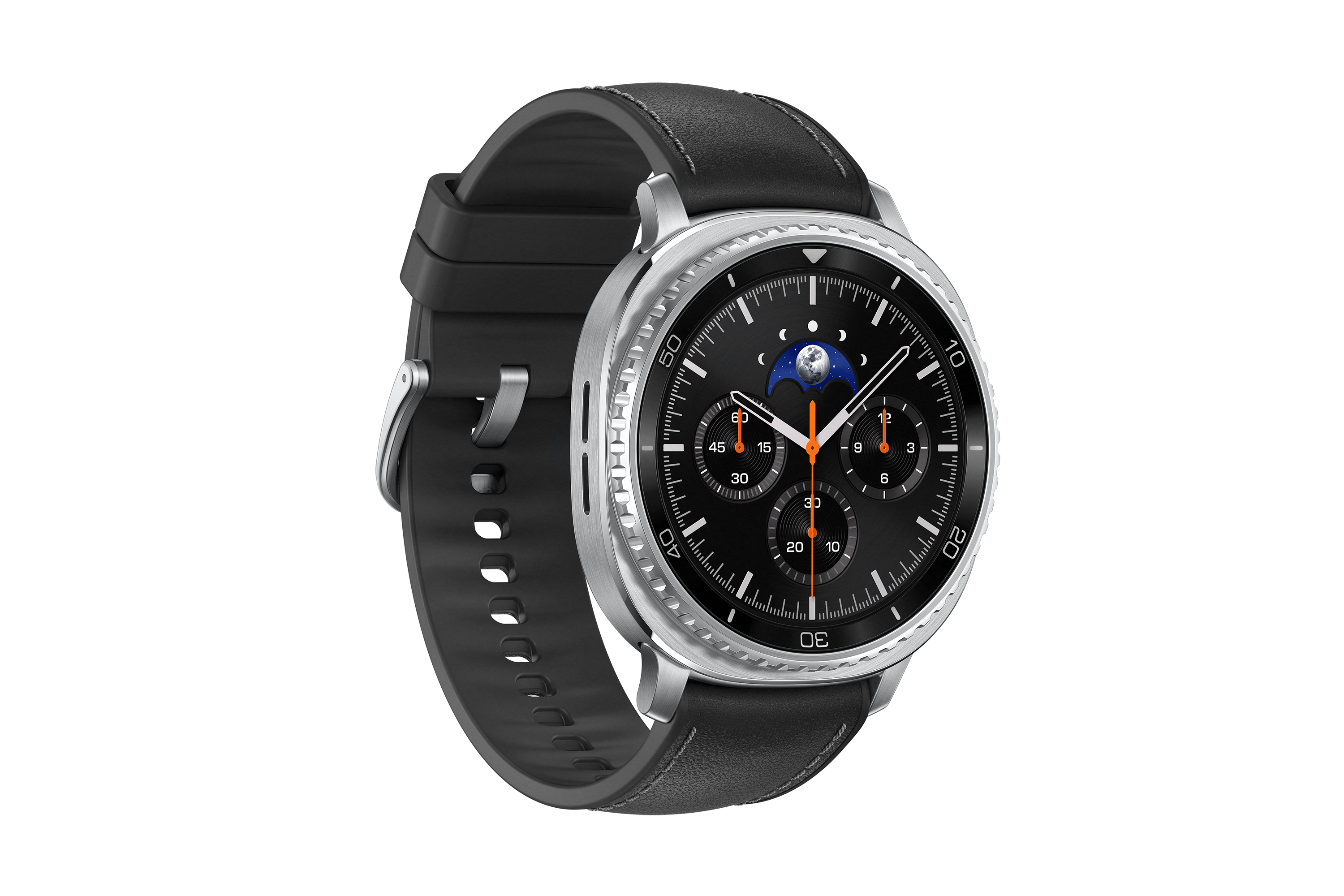 Eine silberne Smartwatch mit schwarzem Zifferblatt, schwarzem Armband und dunklem Hintergrund.