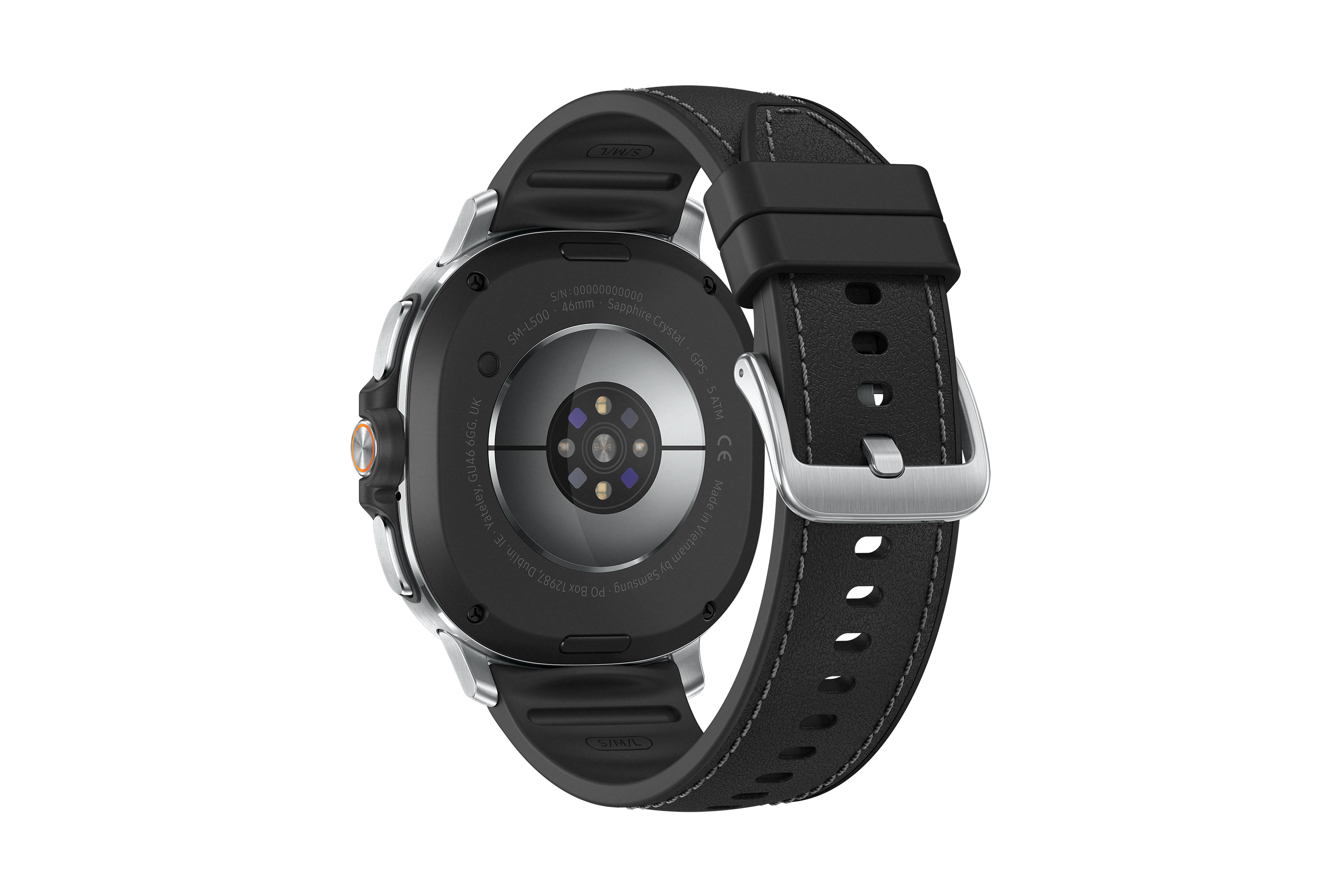 Schwarze Smartwatch-Rückseite mit schwarzem Armband, silberner Schnalle und rundem Sensor. Textdetails sind sichtbar.