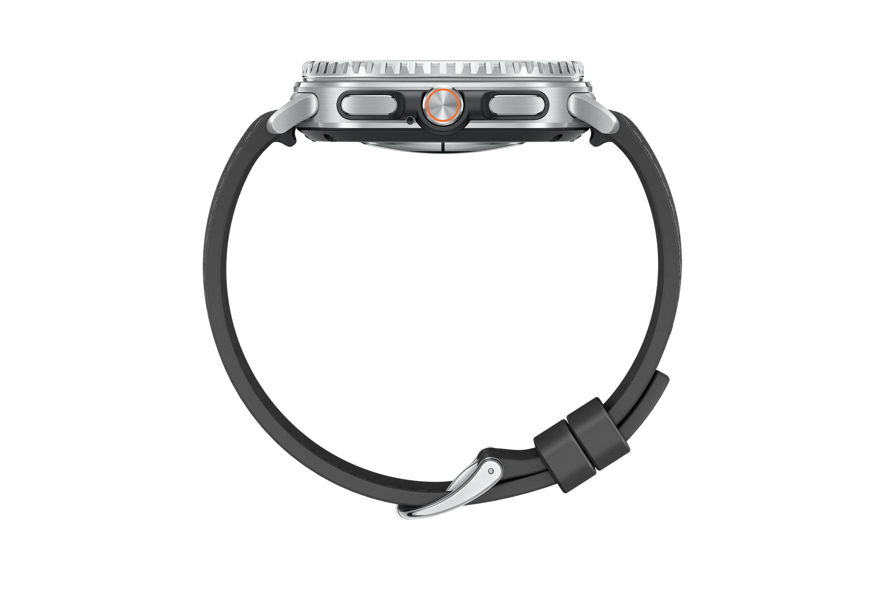 Seitenansicht einer silber-schwarzen Smartwatch mit orangefarbenem Knopf und schwarzem Armband.