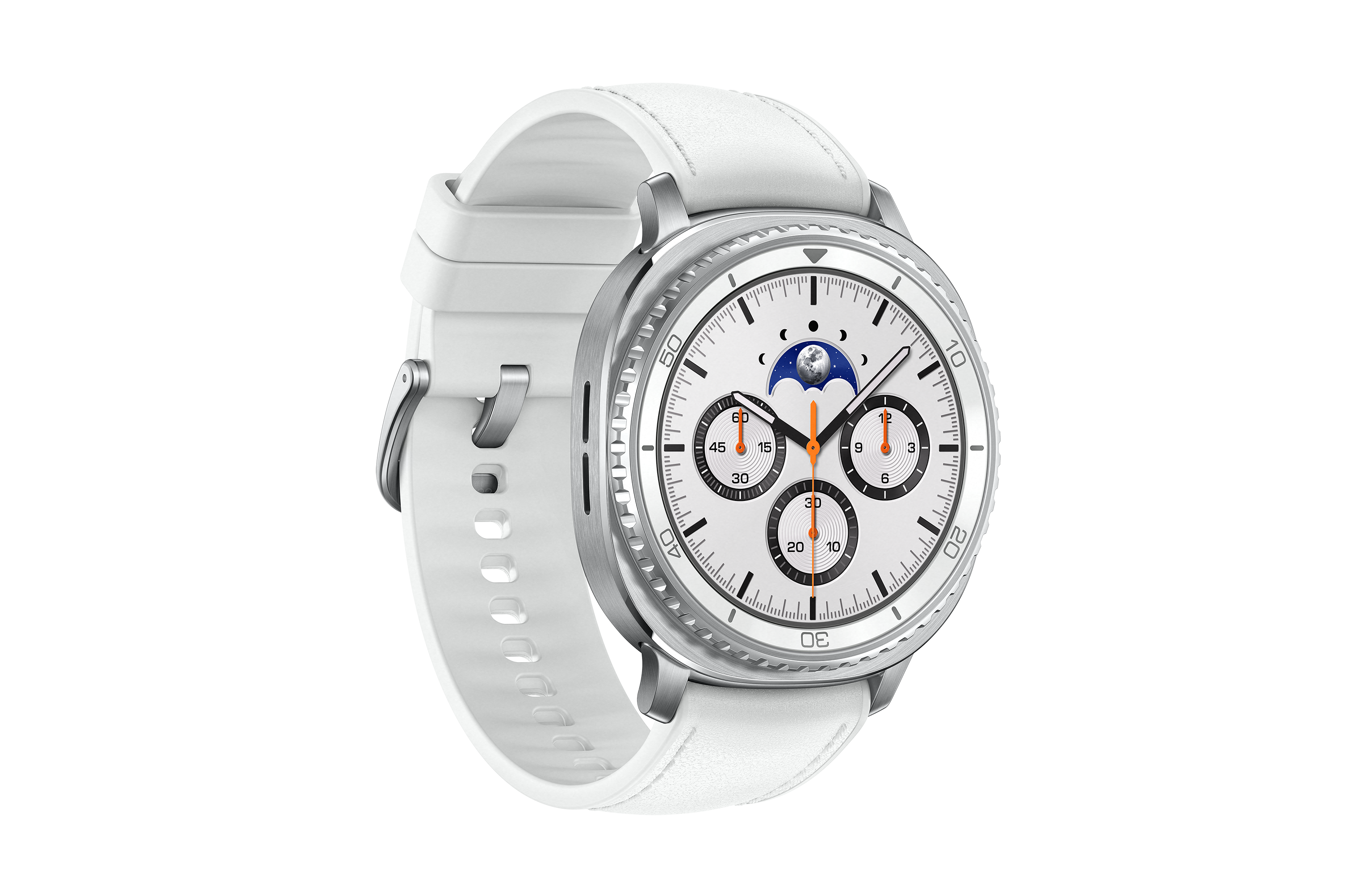 Eine weiße Smartwatch mit weißem Armband. Das Zifferblatt ist weiß mit schwarzen und orangefarbenen Details und einer Mondphase.
