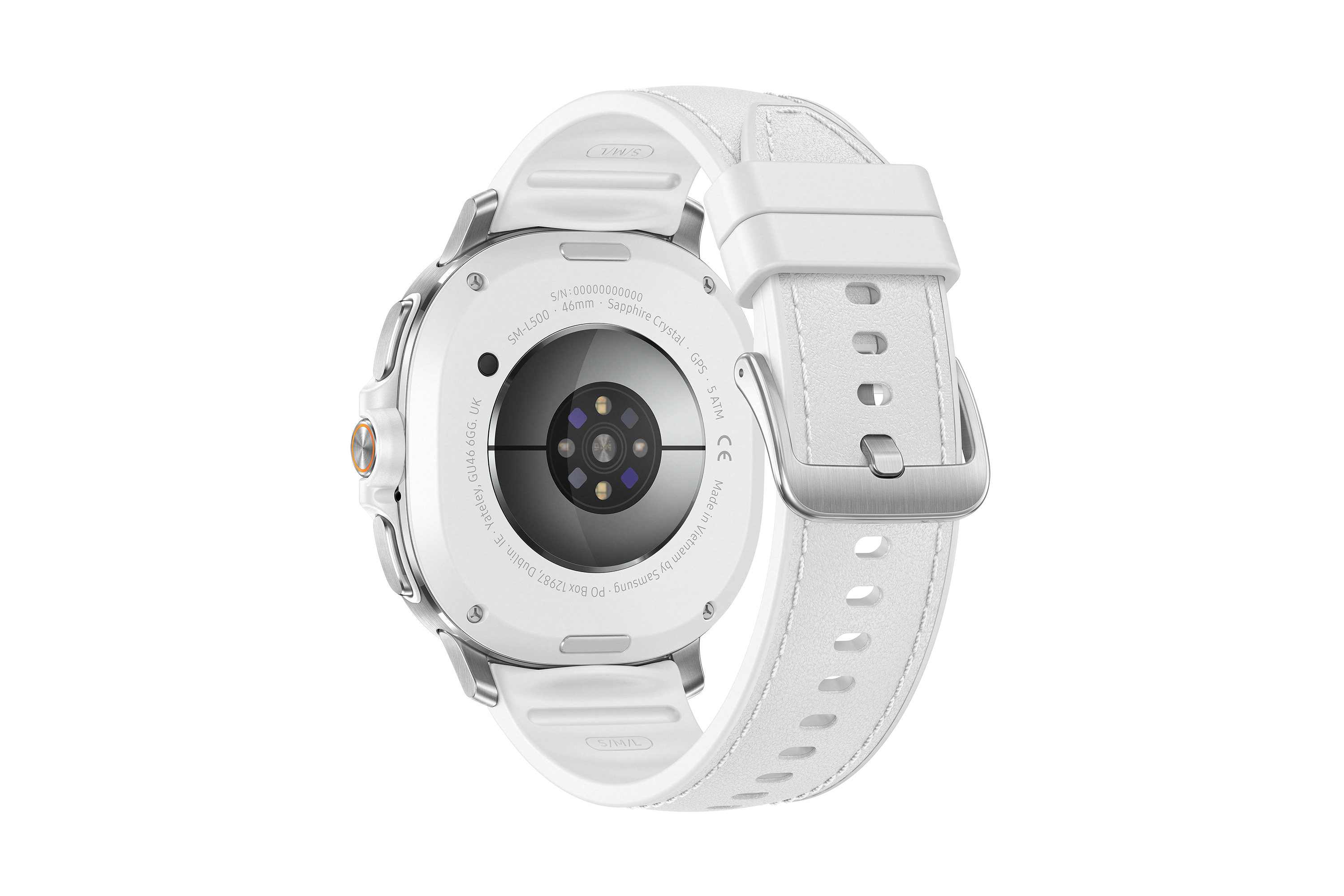 Eine weiße Smartwatch mit weißem Armband vor schwarzem Hintergrund. Die Uhr ist kreisförmig.