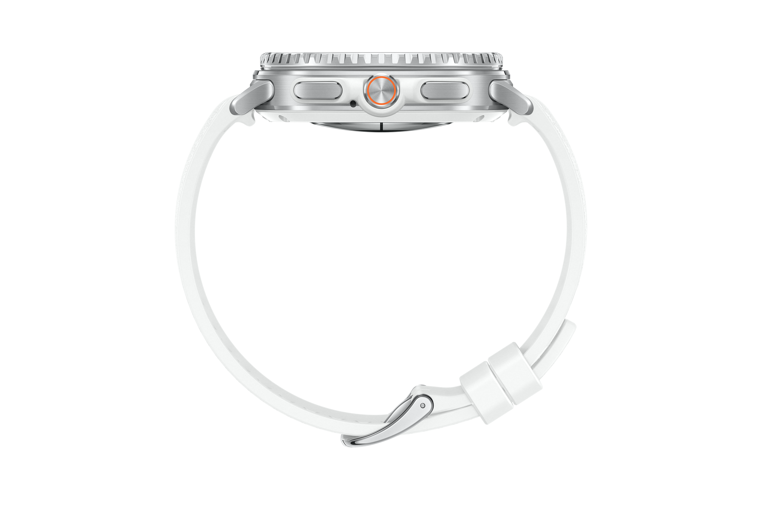 Eine silberne Smartwatch mit weißem Armband vor schwarzem Hintergrund.