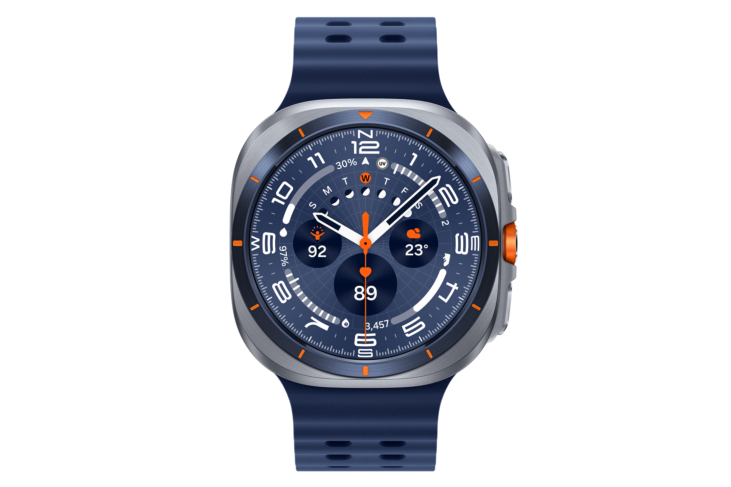 Eine Smartwatch mit blauem Armband und silberner Lünette. Das Zifferblatt zeigt Zeit und andere Metriken vor schwarzem Hintergrund.