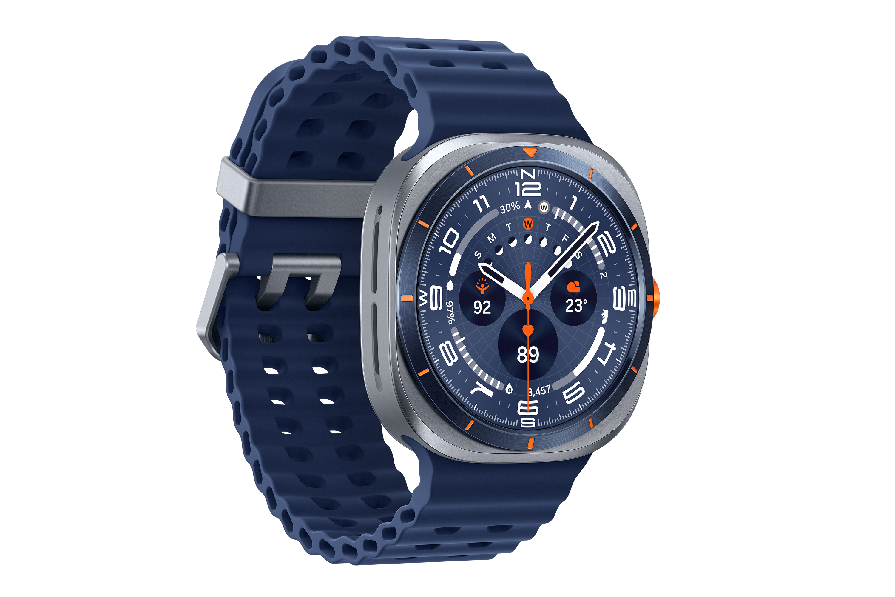 Eine Smartwatch mit blauem Armband und silberfarbenem Zifferblatt zeigt Zeit und Gesundheitsmetriken an.
