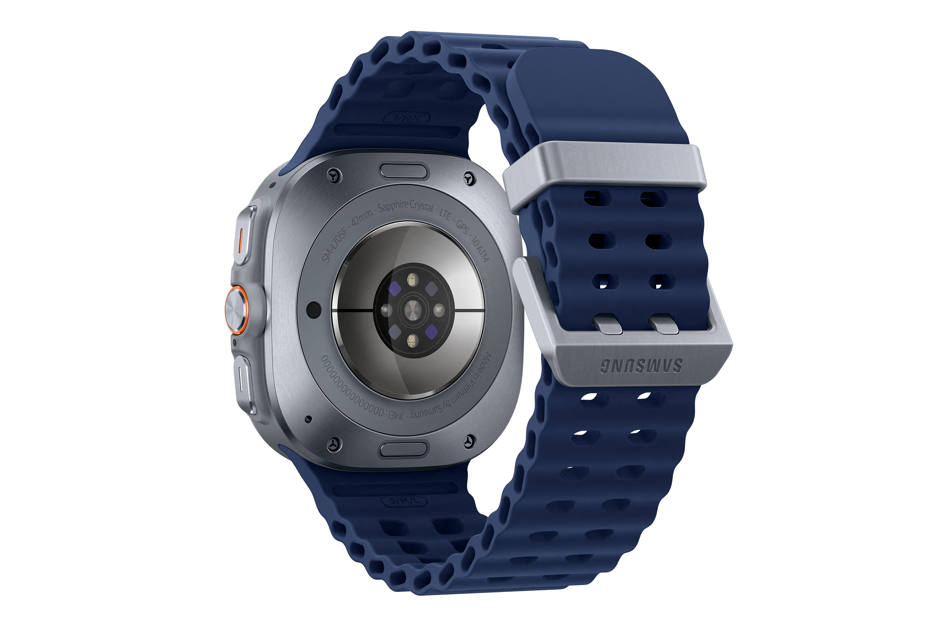 Eine Samsung-Smartwatch mit blauem Armband wird gezeigt. Die Rückseite der Uhr ist sichtbar und zeigt Text und einen Sensor.