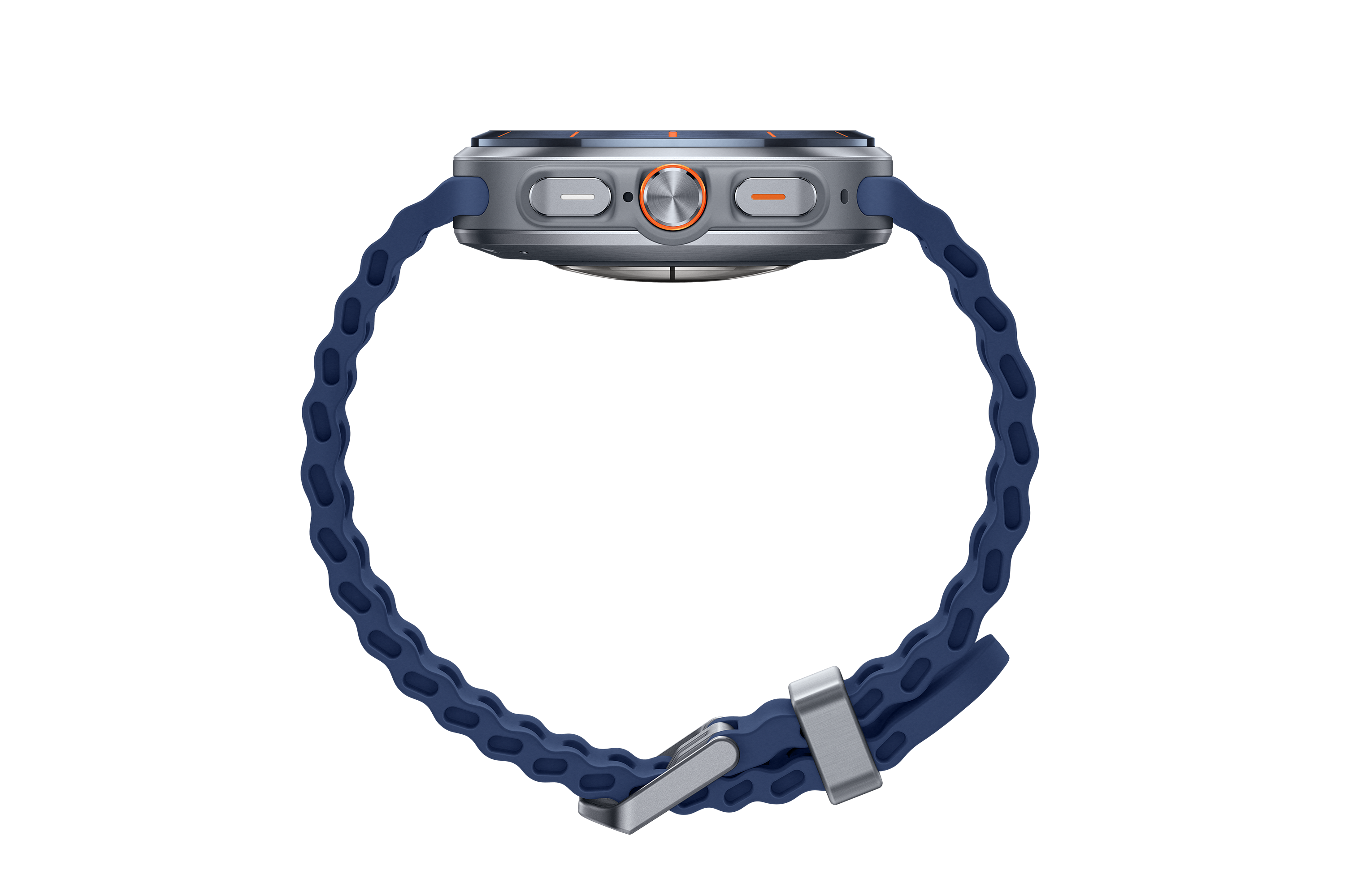 Seitenansicht einer silbernen Smartwatch mit blauem Armband und orangefarbenen Details vor schwarzem Hintergrund.