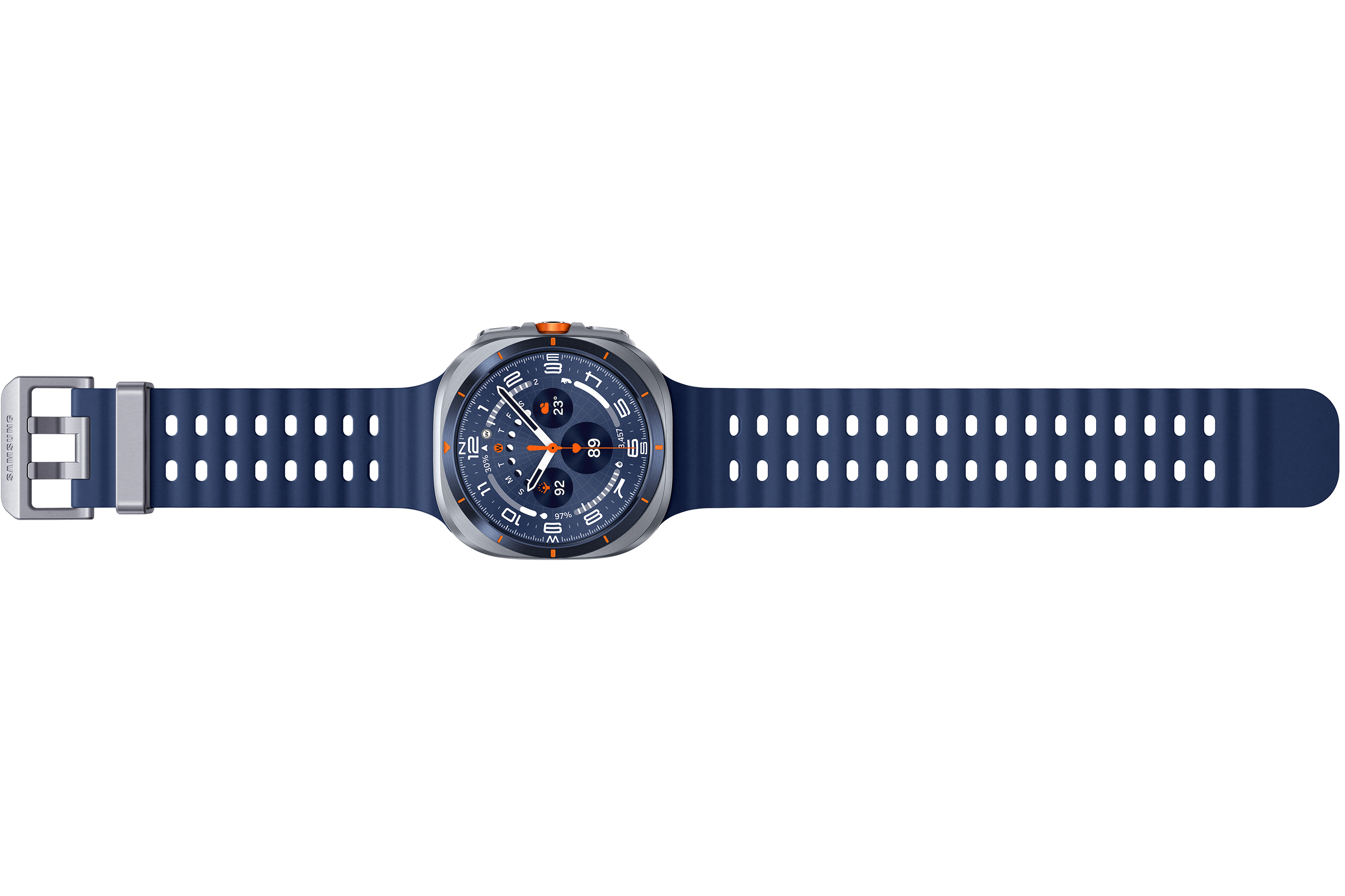 Eine Smartwatch mit blauem Armband auf schwarzem Hintergrund. Das Zifferblatt ist silber und orange.