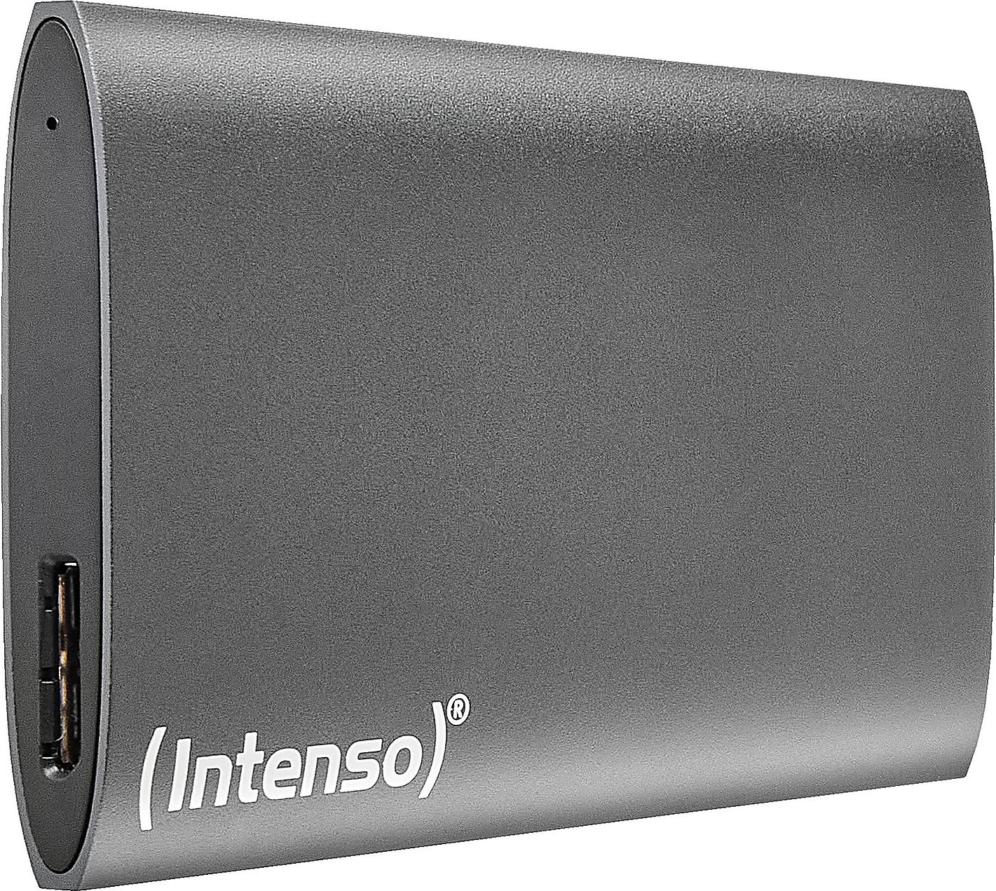 Un disco rigido esterno Intenso grigio. Ha una porta USB e il nome del marchio stampato.