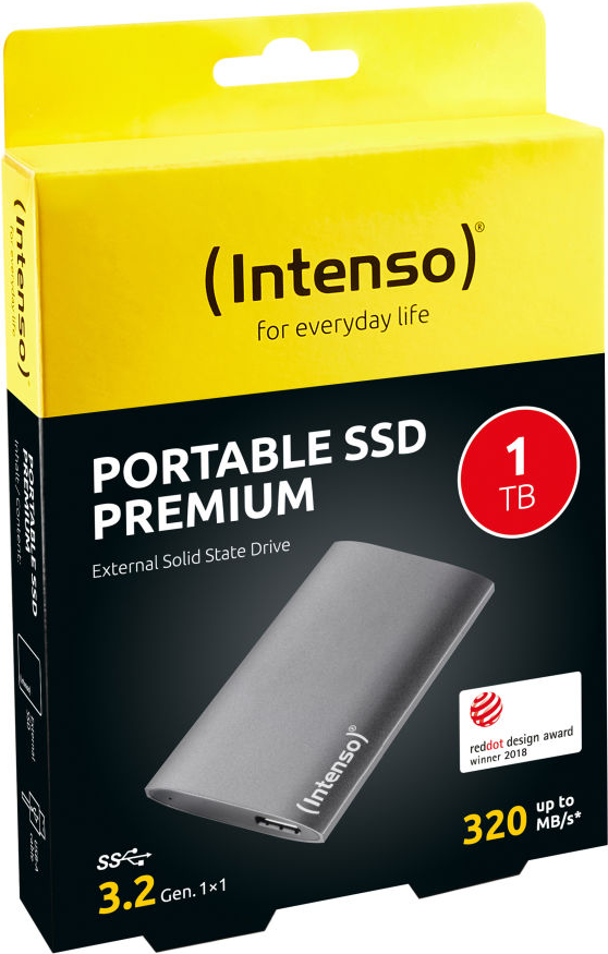 Una scatola per un'unità Intenso Portable SSD Premium. Ha un SSD grigio e un cerchio rosso con la scritta '1 TB'.