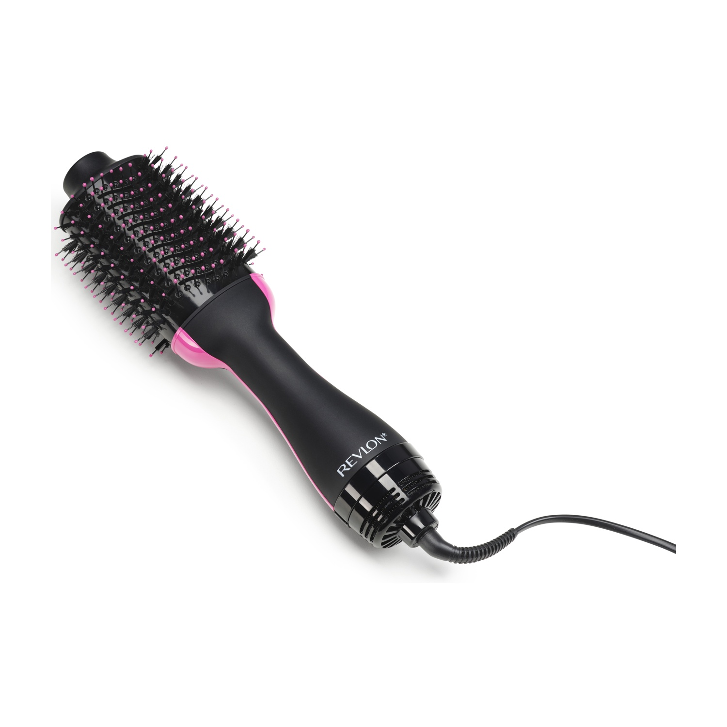 Una spazzola asciugacapelli Revlon nera e rosa è appoggiata su una superficie bianca. Ha una testina rotonda con setole nere e punte rosa.