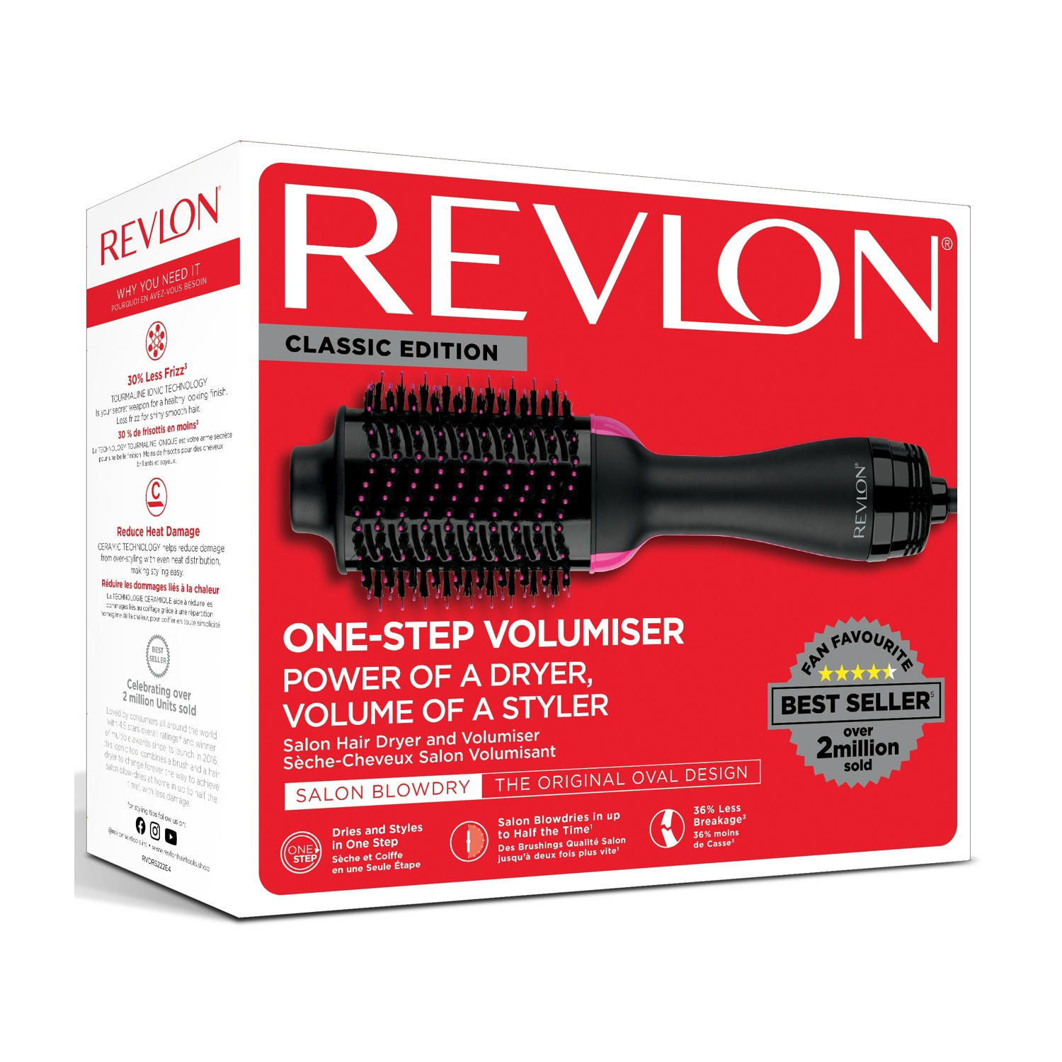 Styling per capelli Revlon su una scatola bianca e rossa. Ha un manico nero, setole rosa e il logo Revlon.