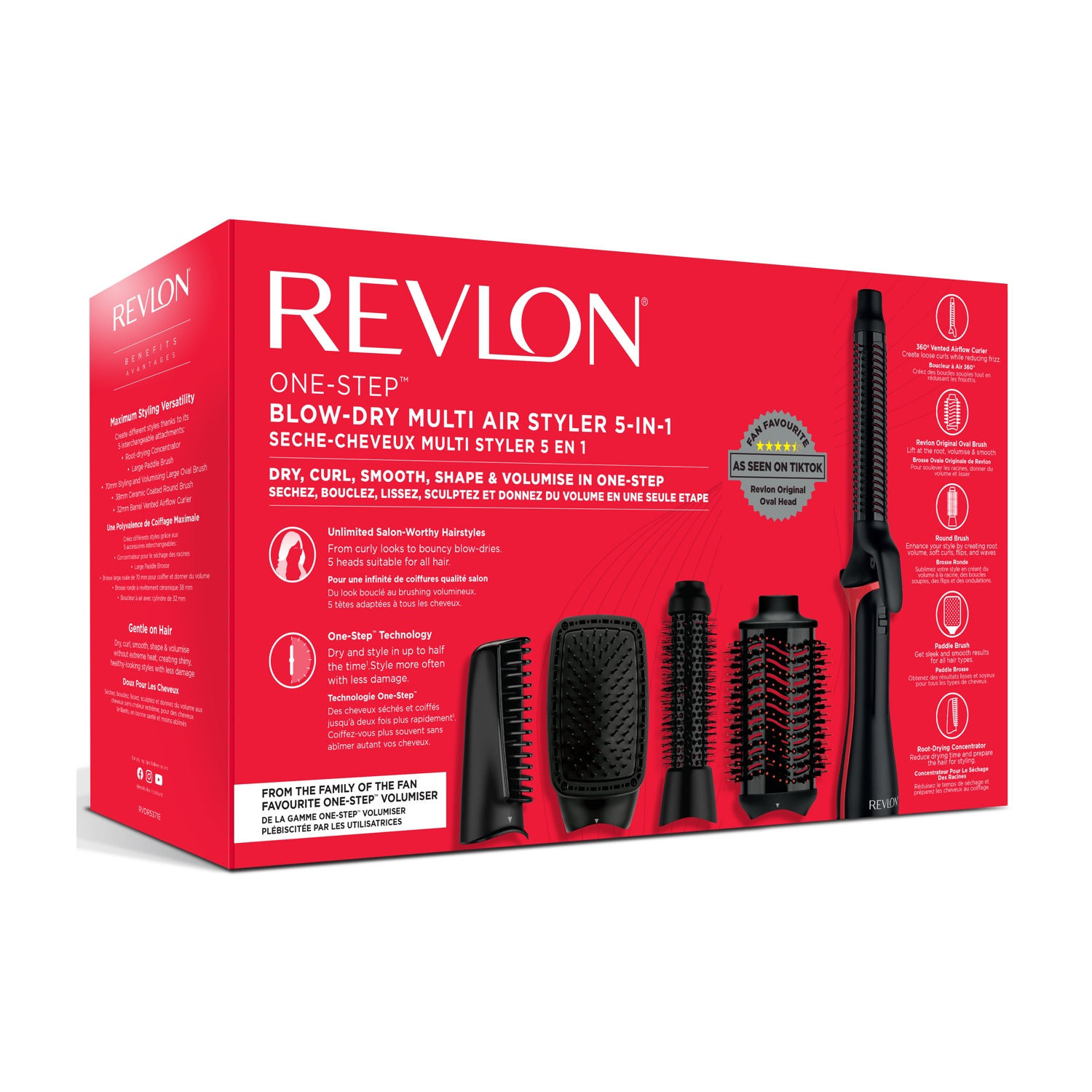 Scatola per styler per capelli Revlon One-Step. Rosso e bianco con accessori neri. Il testo descrive caratteristiche e vantaggi.