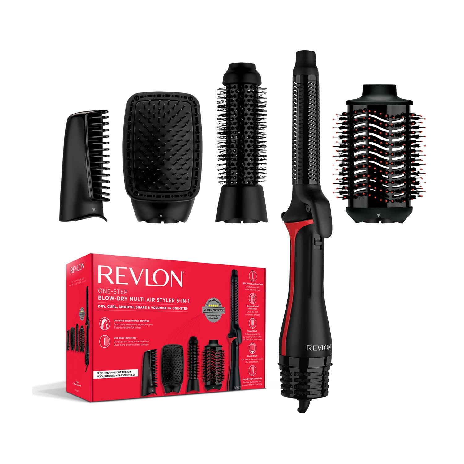 Set asciugacapelli Revlon One-Step con accessori. Include un asciugacapelli rosso e nero e varie testine. Sullo sfondo una scatola rossa.