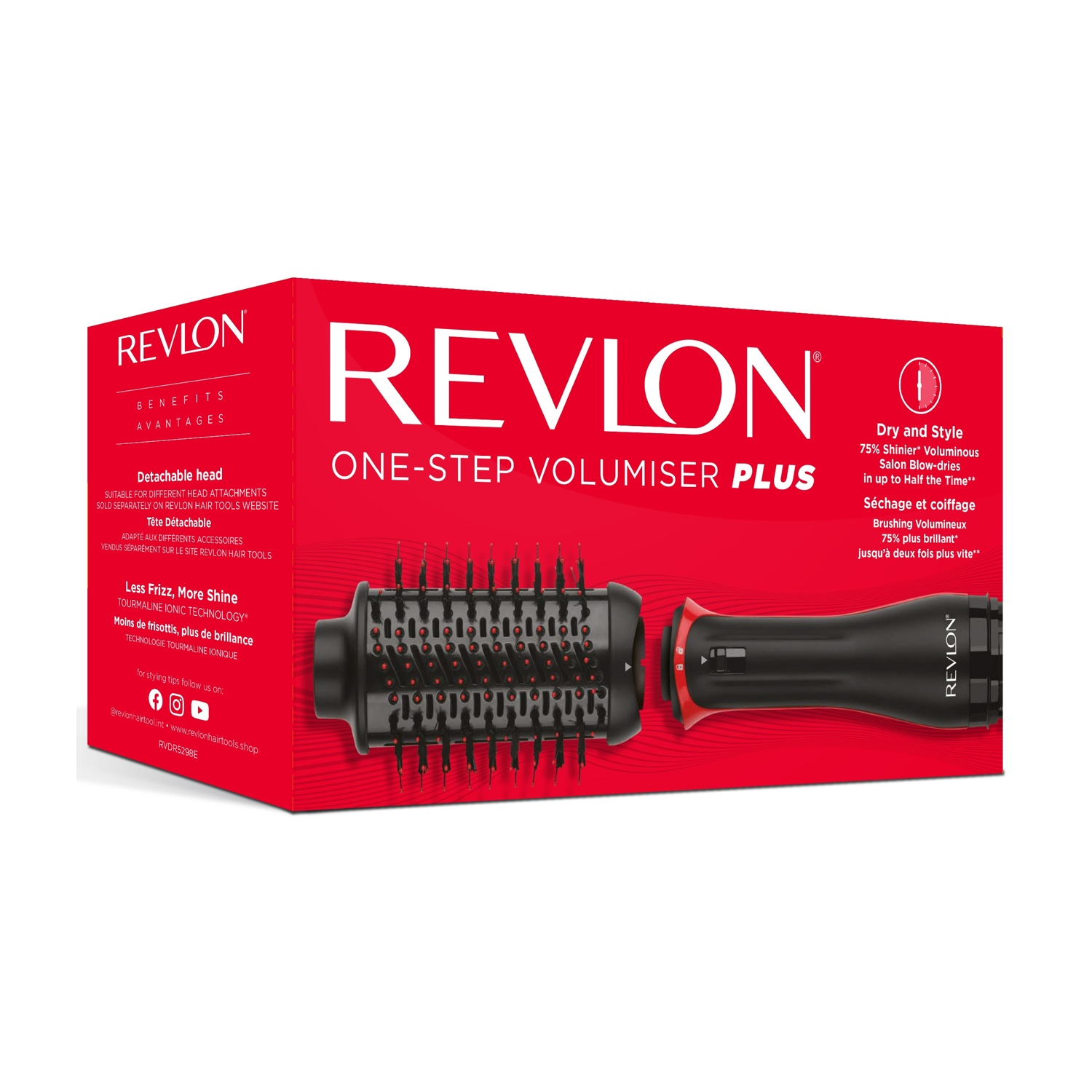 Una scatola Revlon One-Step Volumiser Plus. È rossa, con uno strumento per lo styling dei capelli nero e rosso. Il testo include i vantaggi del prodotto e il marchio.