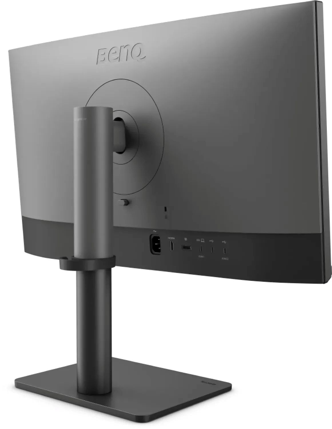 Rückansicht eines grauen BenQ-Monitors. Der Monitor hat einen Ständer, mit Anschlüssen und dem BenQ-Logo.