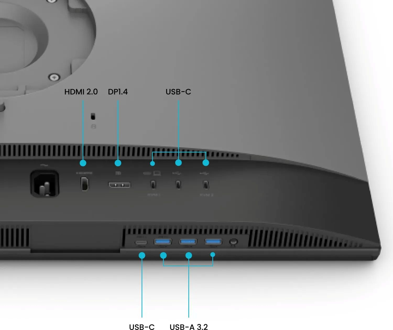 Rückansicht eines Computermonitors mit Anschlüssen: HDMI 2.0, DP1.4, USB-C, USB-A 3.2 und Stromeingang. Grau-schwarzes Design.