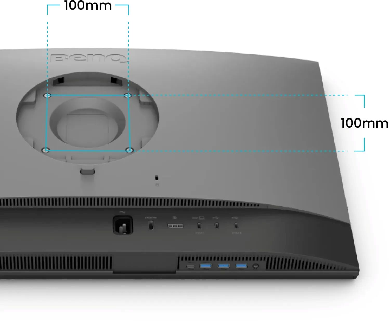 Rückansicht eines Monitors mit Messungen. Zeigt den Montagebereich, Anschlüsse und das BenQ-Logo. Abmessungen sind mit 100mm Linien markiert.