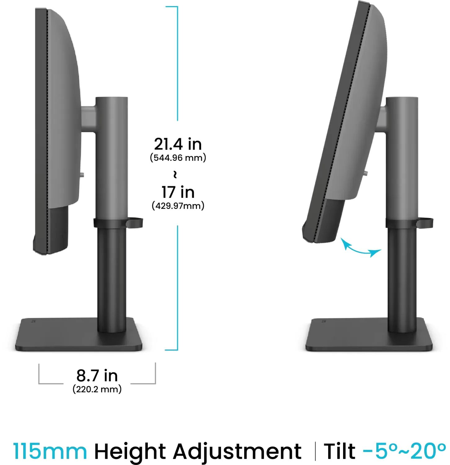 Zwei graue Computermonitore mit Ständern, Maße beschriftet. Text darunter: 115mm Höhenverstellung | Neigung -5°~20°.