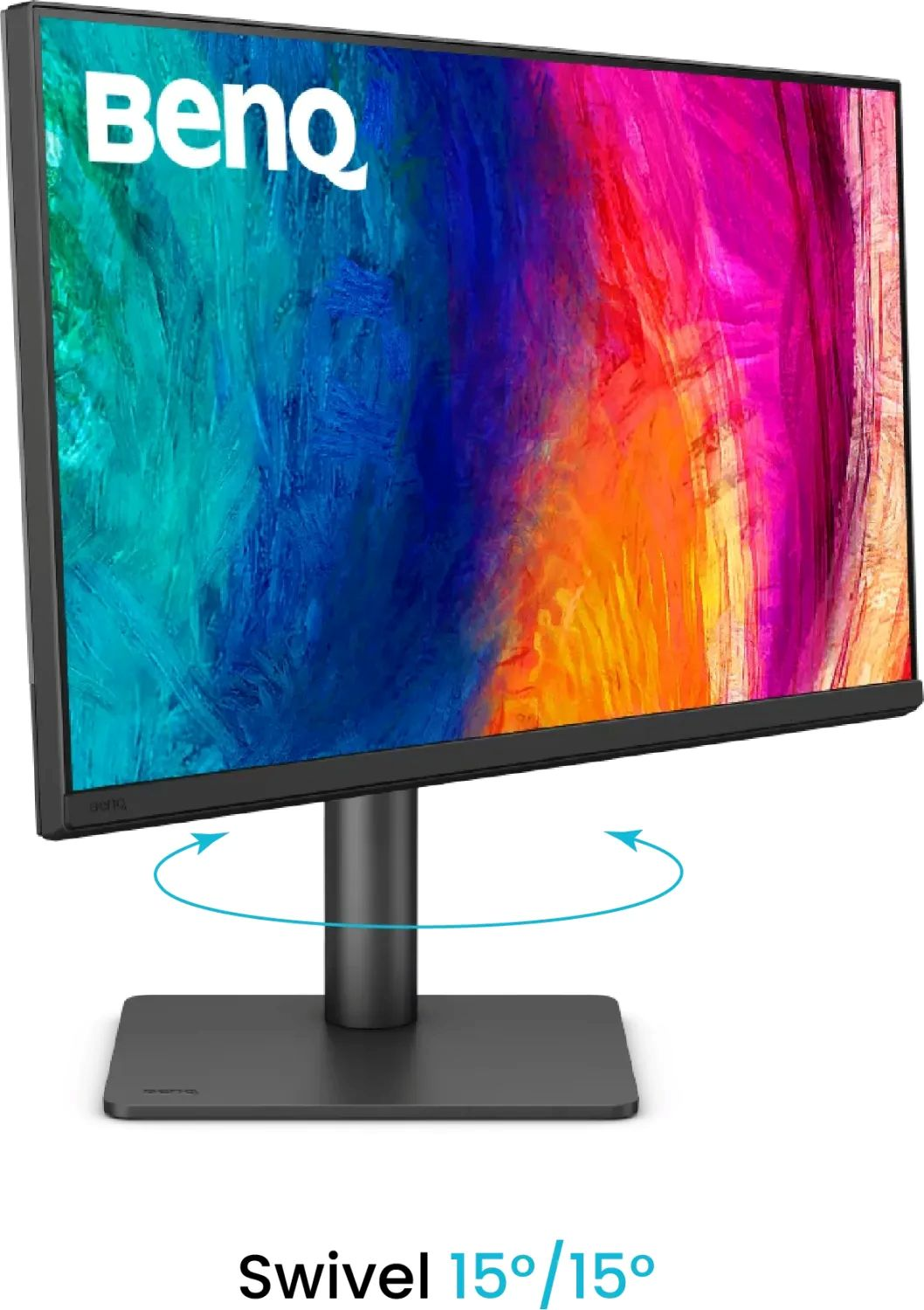 Ein BenQ-Monitor mit farbenfroher Bildschirmanzeige. Der Monitor ist schwarz, der Ständer dunkelgrau. Schwenkwinkel 15/15 Grad.