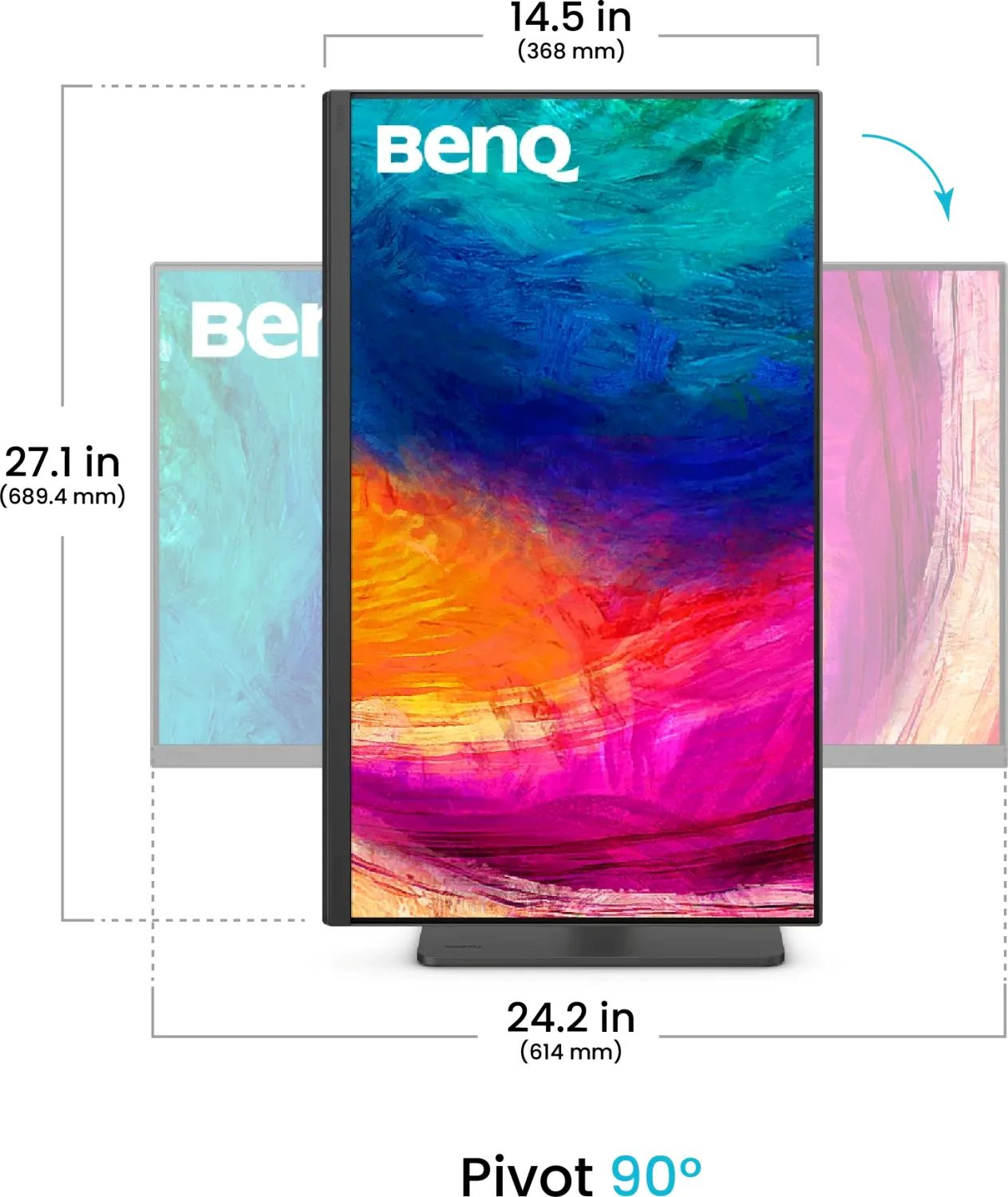 Ein BenQ-Monitor zeigt ein abstraktes Gemälde in leuchtenden Farben. Abmessungen sind angegeben: 27,1 Zoll, 14,5 Zoll und 24,2 Zoll. Drehung 90°.