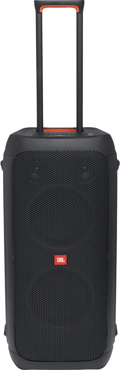 Fekete JBL PartyBox hangszóró fogantyúval. Narancssárga fogantyúja és JBL logója van elöl.