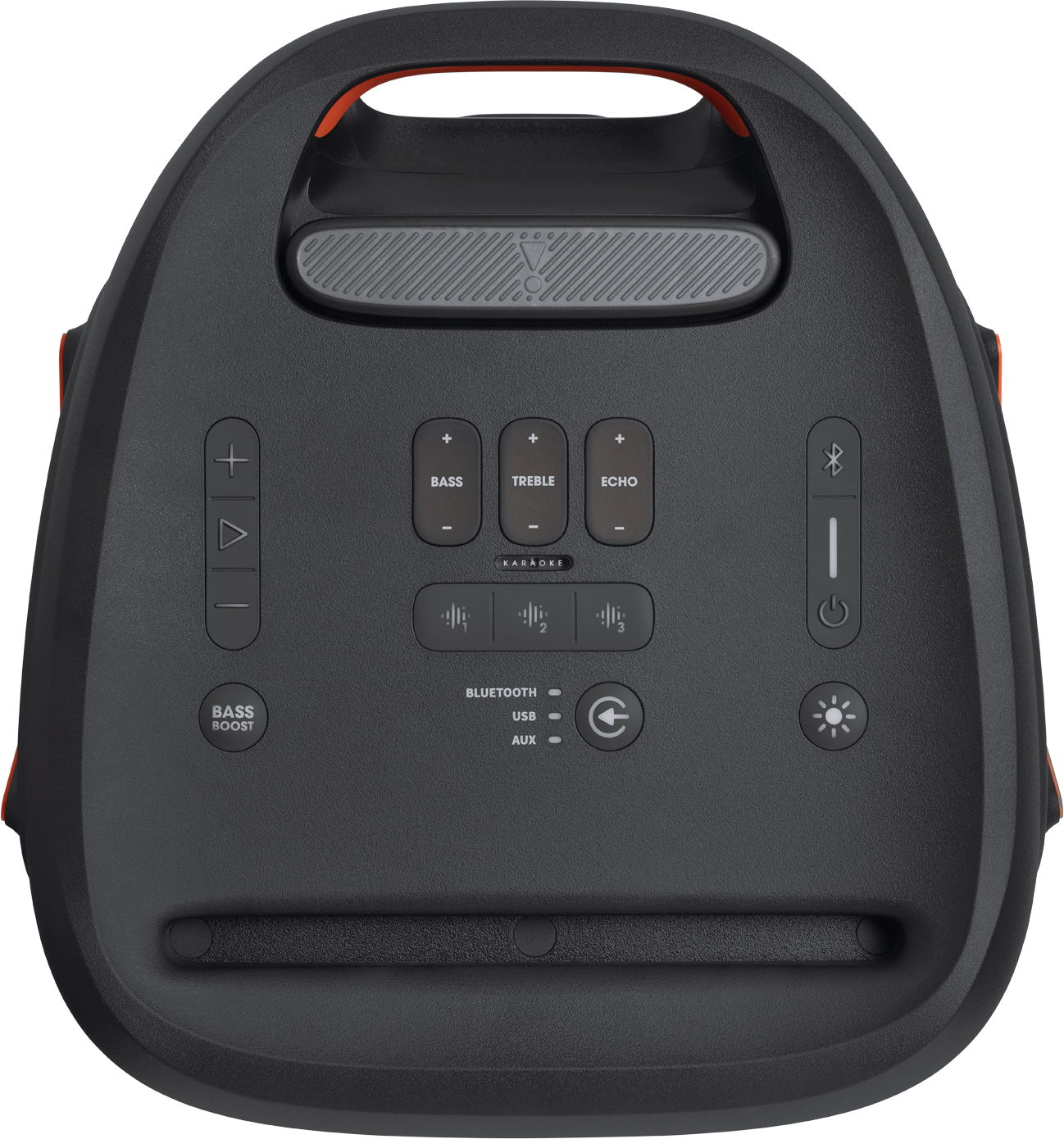 Fekete hangszóró basszus, magas, echo és karaoke gombokkal. Bluetooth, USB és AUX bemenetekkel. Fogantyúval és hangerőszabályzókkal.