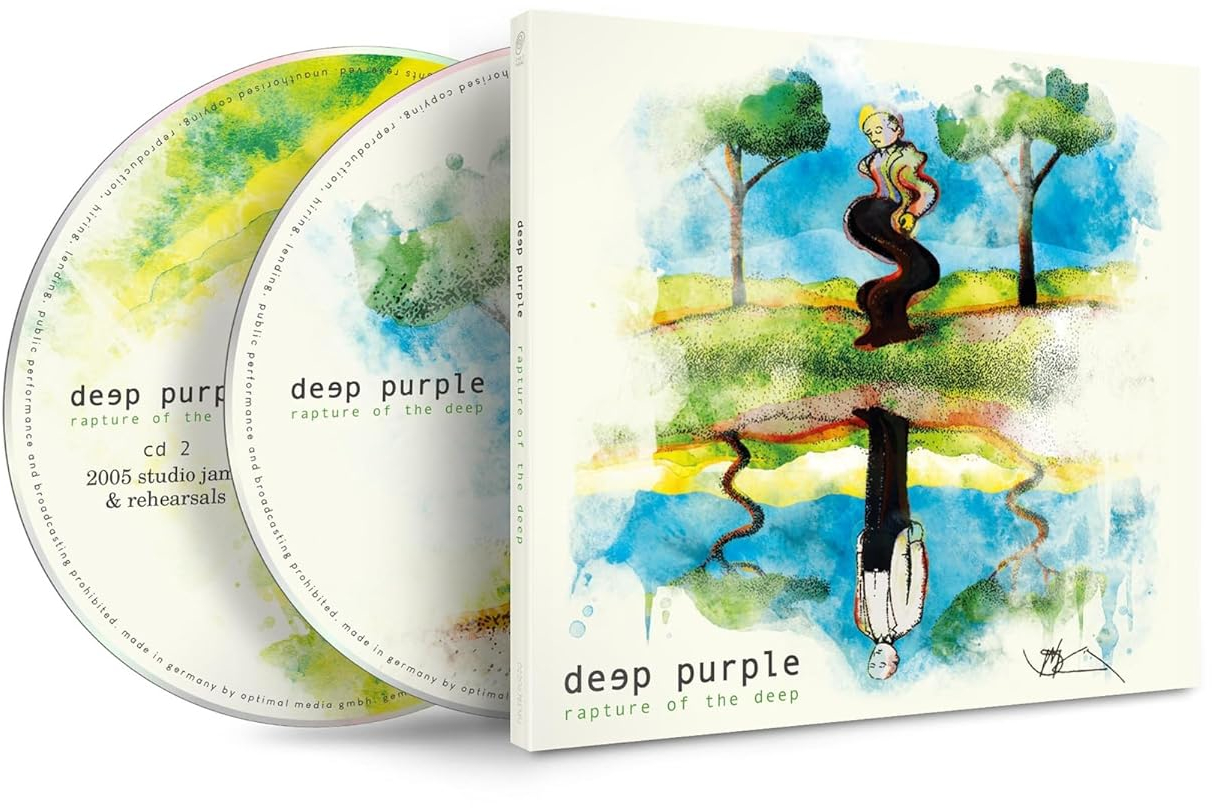 A 'Deep Purple: Rapture of the Deep' CD-borítója és lemezei. Egy figura, fák és szöveg akvarell művészetét tartalmazza.