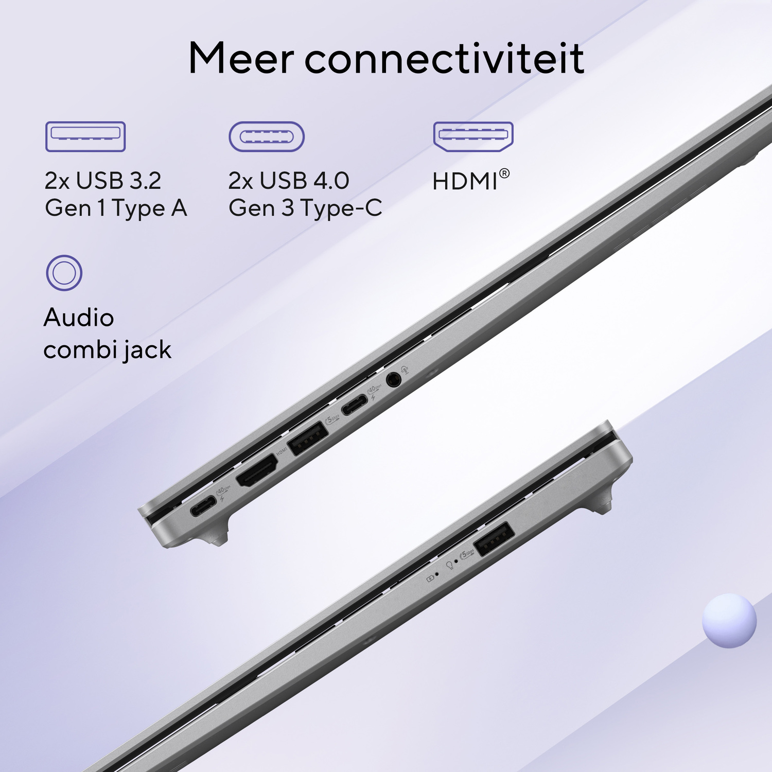 Image shows laptop ports: USB, HDMI, and audio jack. Text reads 'Meer connectiviteit'.