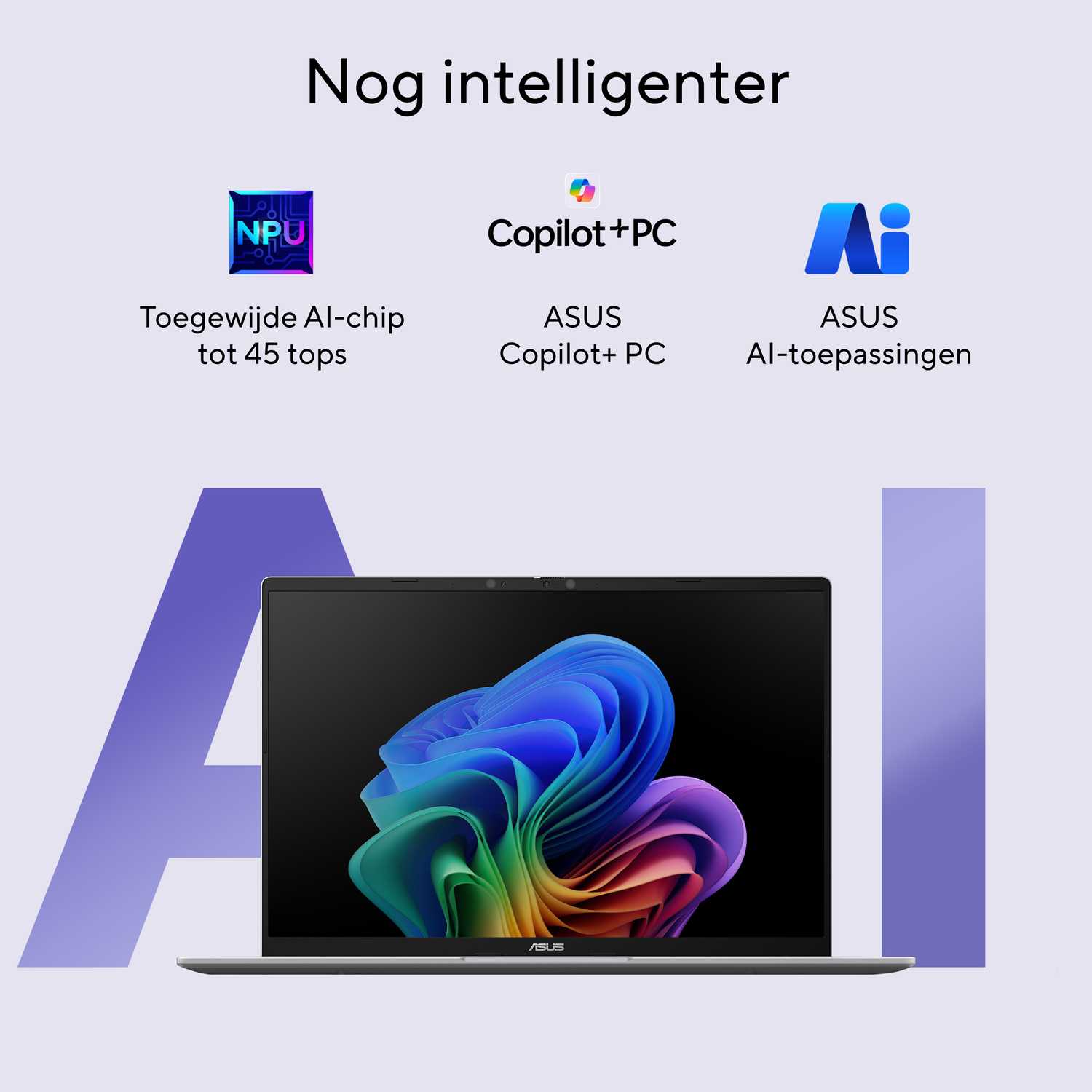 Laptop with colorful abstract image on screen. Features: NPU, Copilot+PC, and AI applications. Purple background with large 'A'.