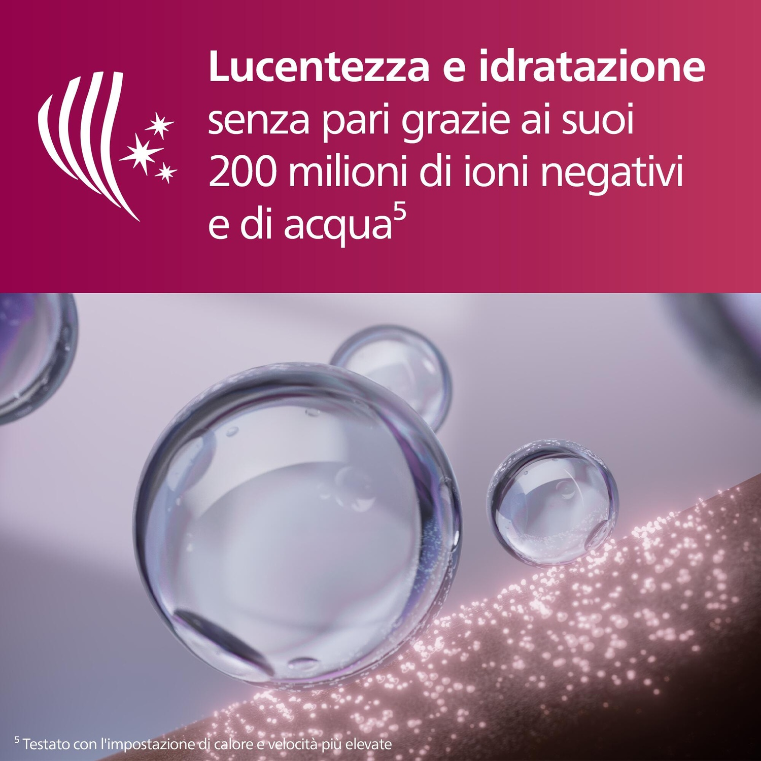 Primo piano di bolle d'acqua. Testo italiano: Lucentezza e idratazione grazie a 200 milioni di ioni negativi e acqua.
