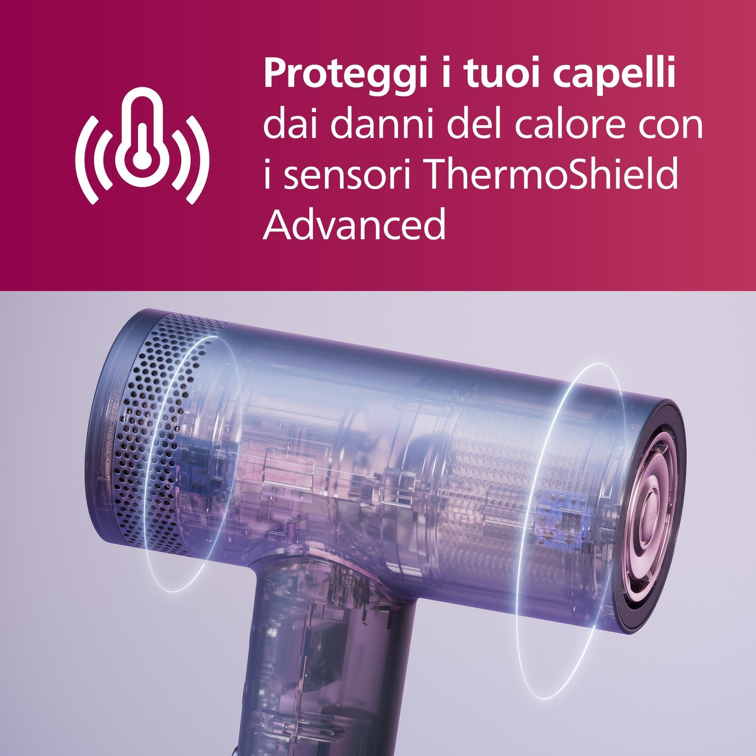 Un asciugacapelli trasparente con anelli luminosi. Testo in alto: 'Proteggi i tuoi capelli dai danni del calore con i sensori ThermoShield'.