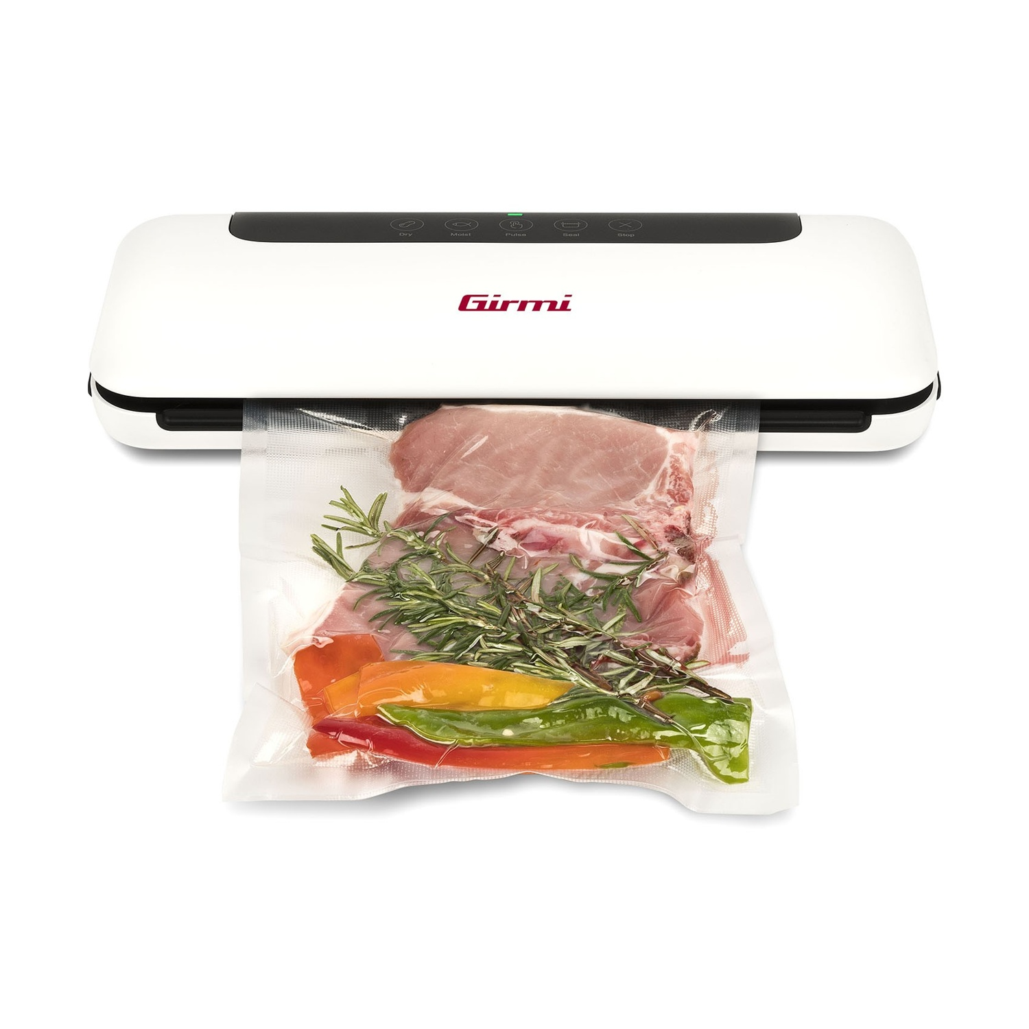 Una sigillatrice sottovuoto bianca con sacchetto contenente carne, rosmarino e peperoni. Logo Girmi visibile.