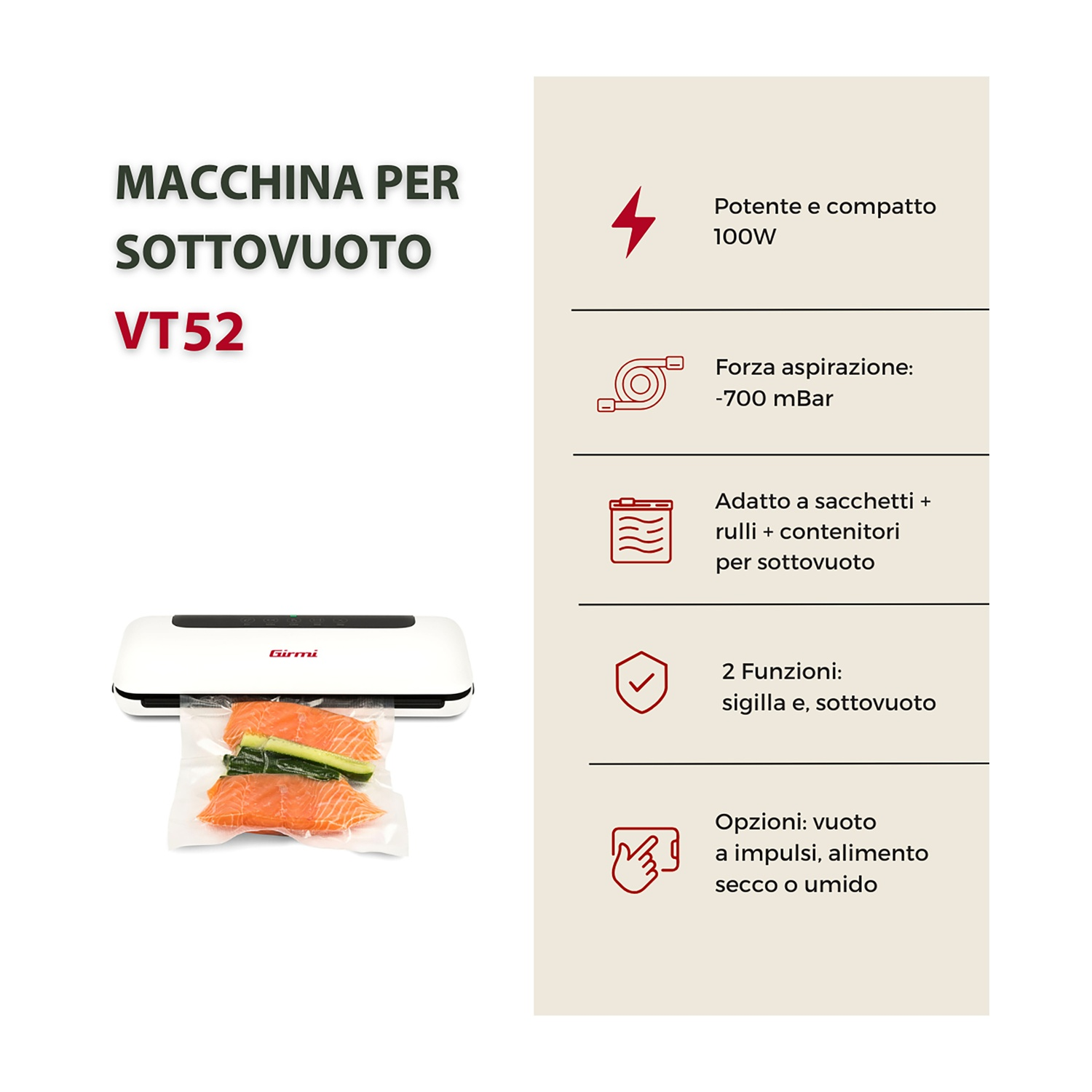 Una macchina sottovuoto bianca con salmone e cetriolo in un sacchetto. Il testo include nome e caratteristiche del prodotto.