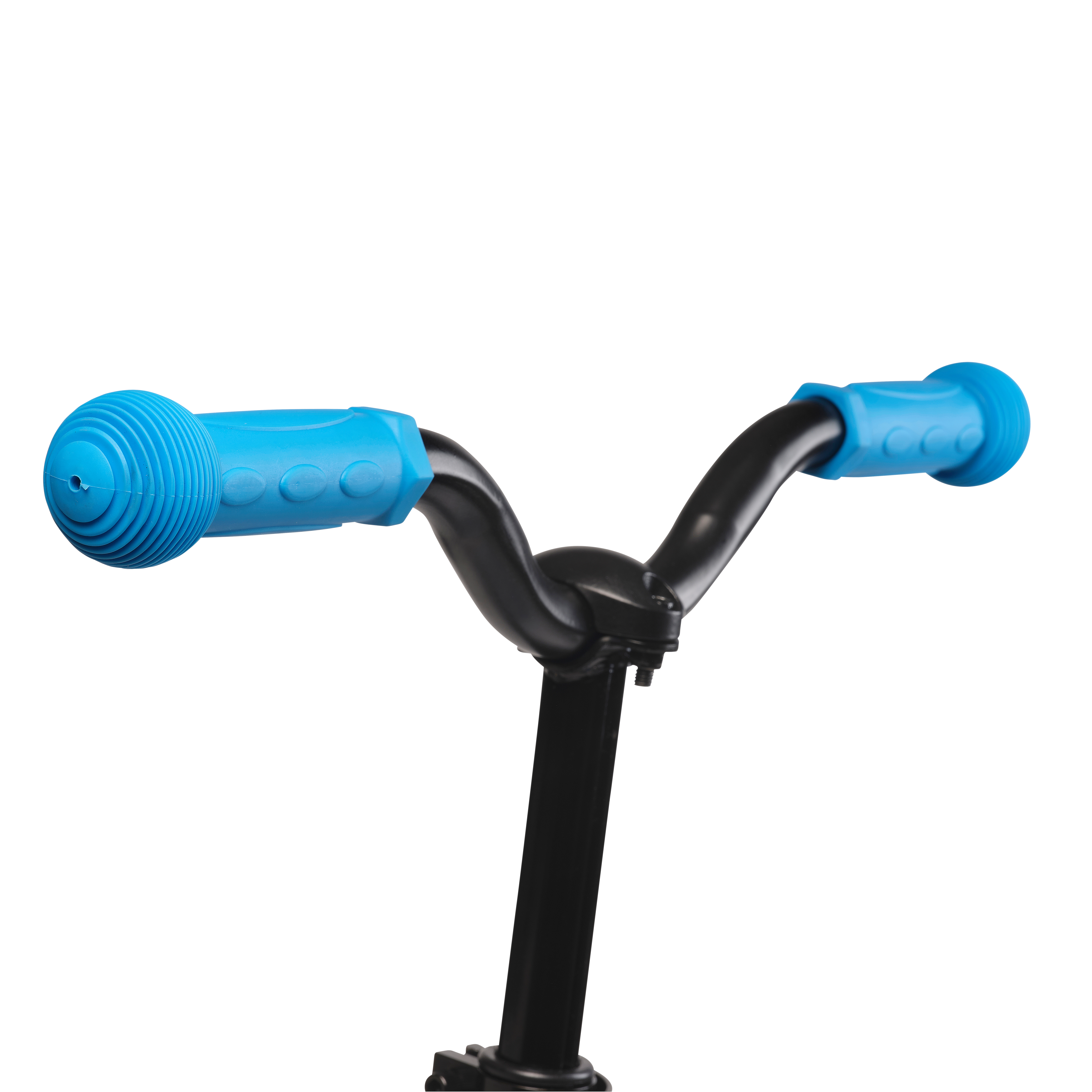 Das Bild zeigt einen Rollerlenker mit blauen Griffen und einem schwarzen Rahmen vor weißem Hintergrund.