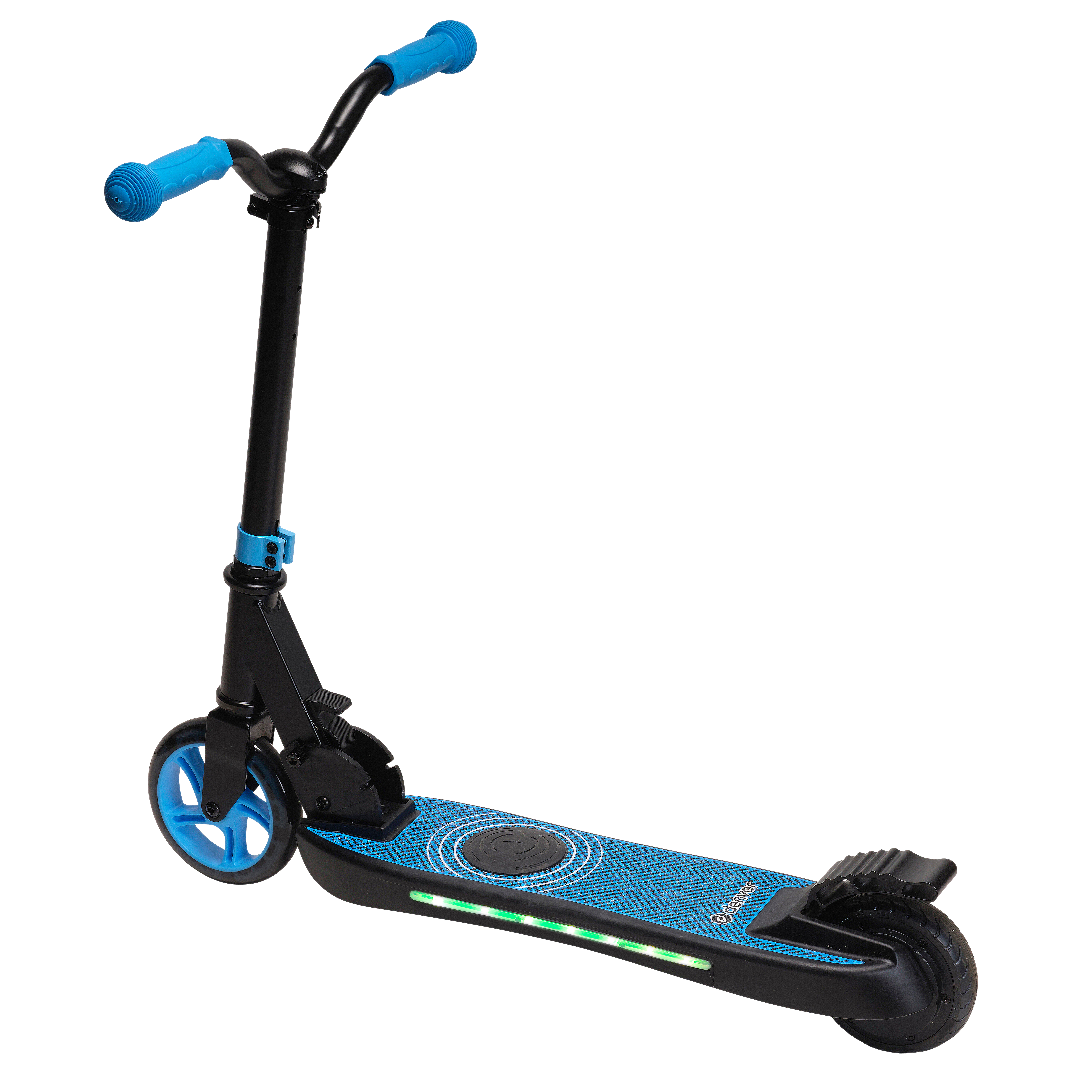 Ein Elektroroller mit schwarzem Rahmen, blauen Rädern und Lenker sowie einem blauen Deck mit kreisförmigem Design.