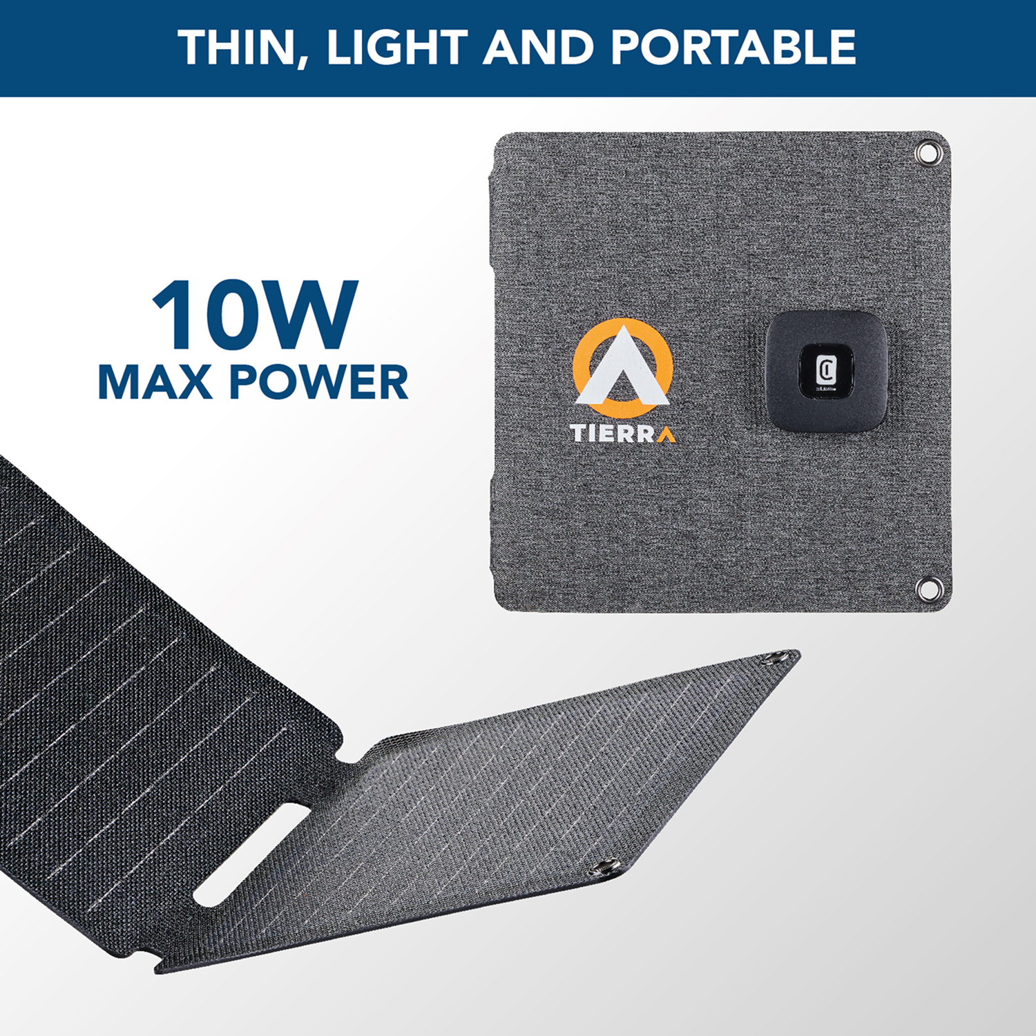 Un panel solar plegable con 10W de potencia máxima. Tejido gris con logo TIERRA y puerto de carga negro.